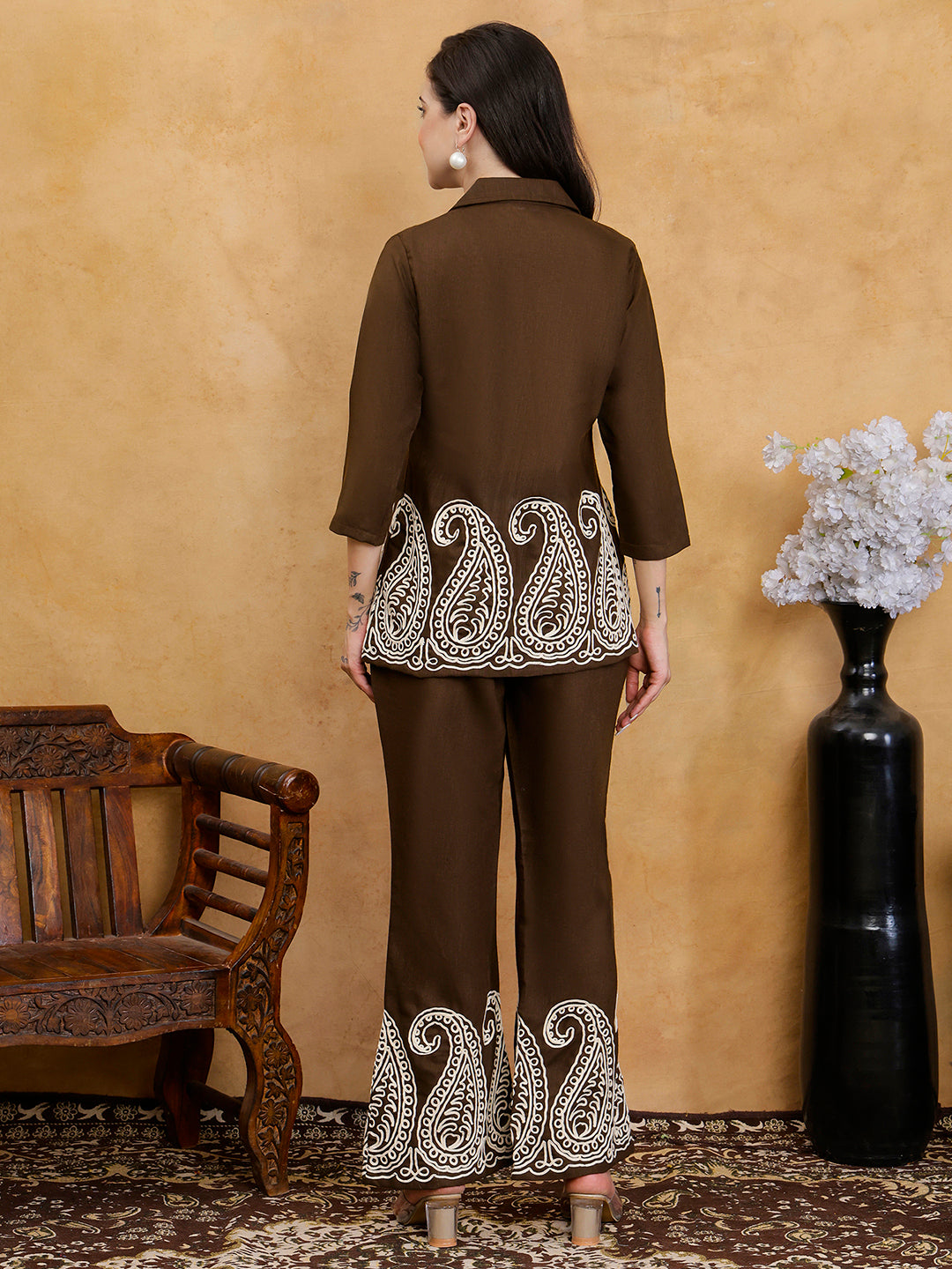 Coffee Brown Embroidered Linen Shirt & Trousers Co-Ord Set | Claura
