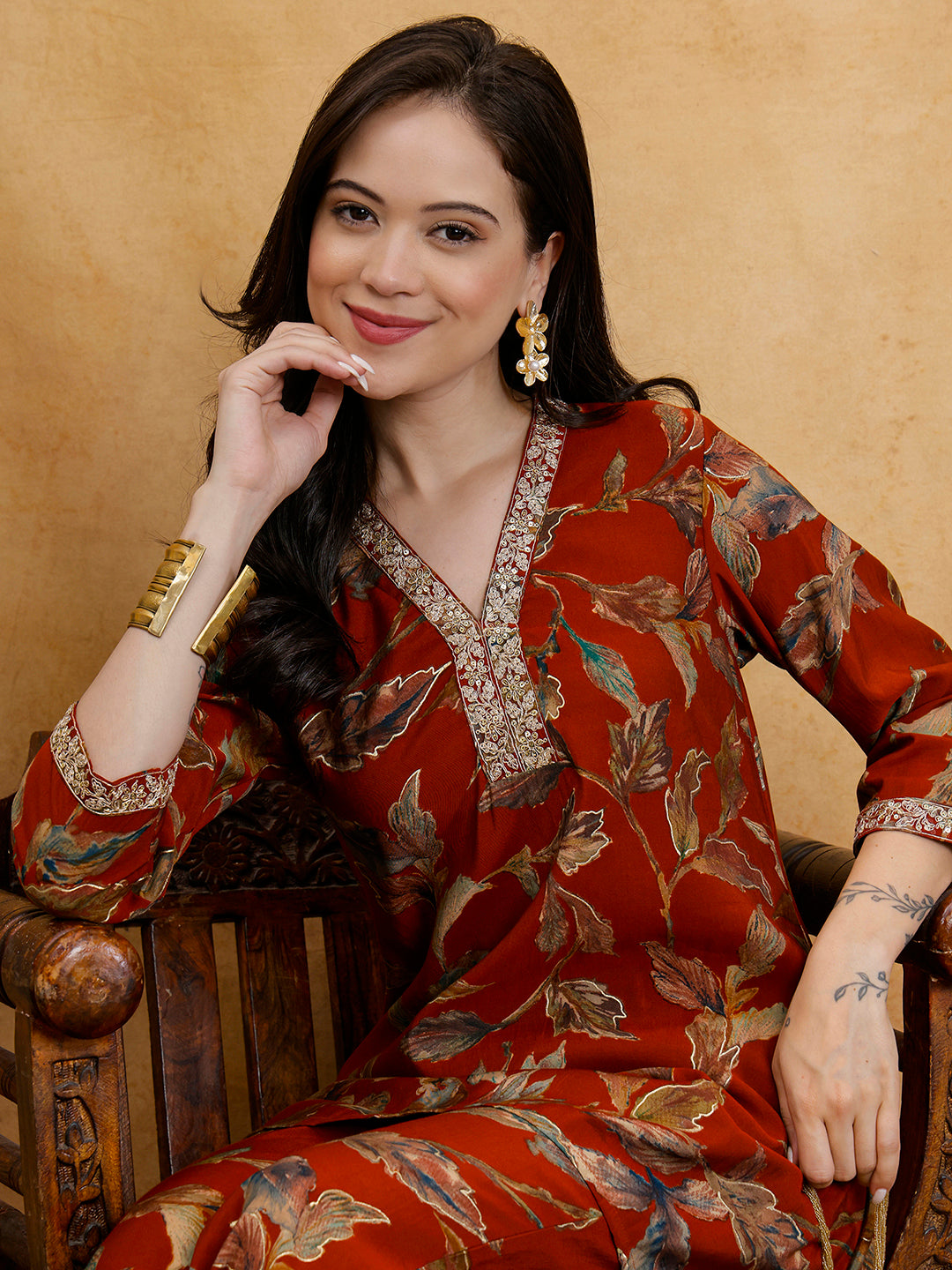 Rust Orange Floral Printed V-Neck Tunic with Printed Trousers Co-Ord Set