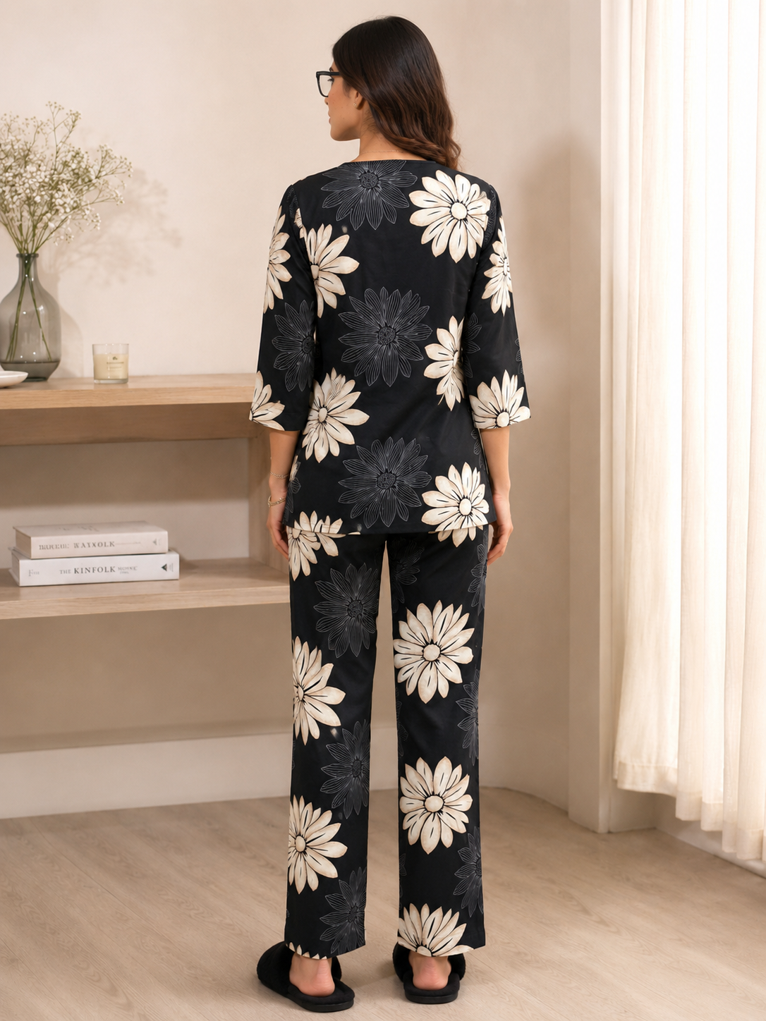 Black Floral Print Round Neck Rayon Night Suit for Women