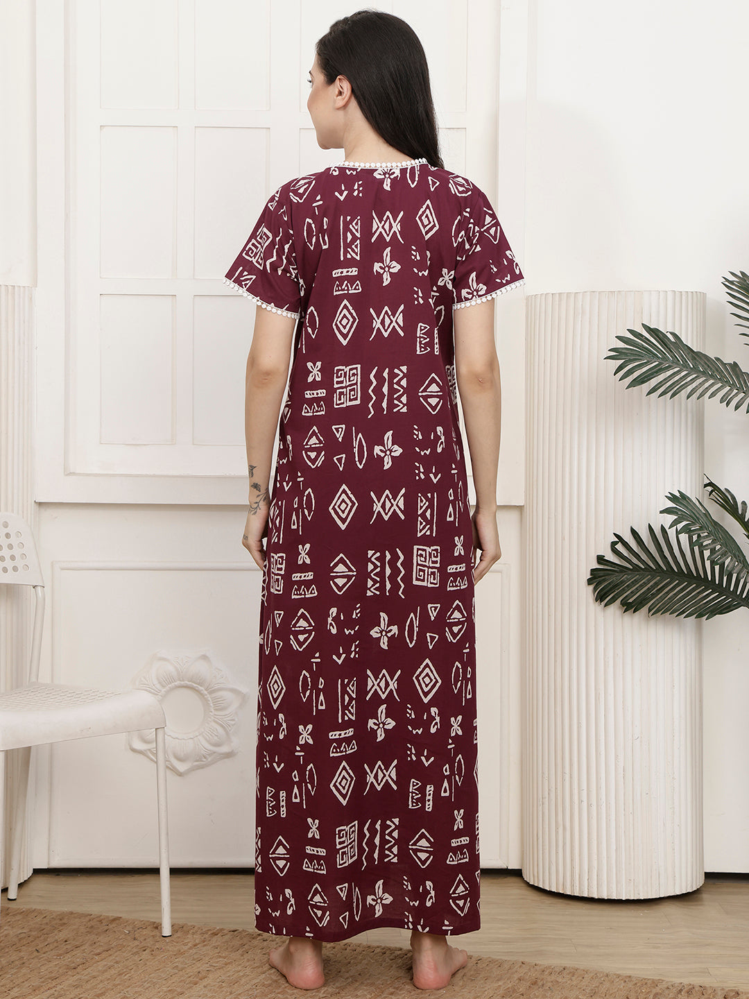 Wine Geometric Printed Cotton Maxi Nightdress | Claura