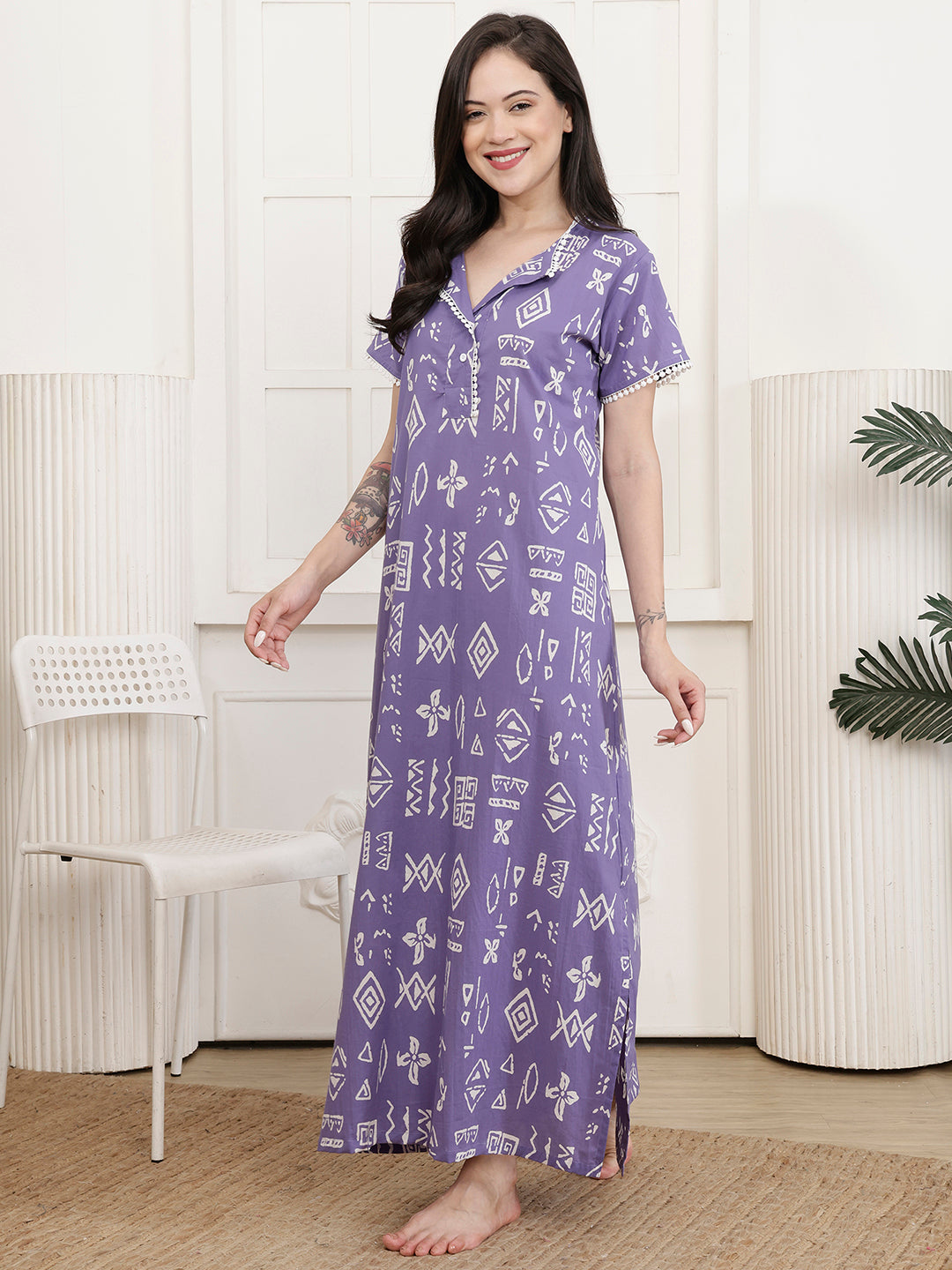 Purple Geometric Printed Cotton Maxi Nightdress | Claura
