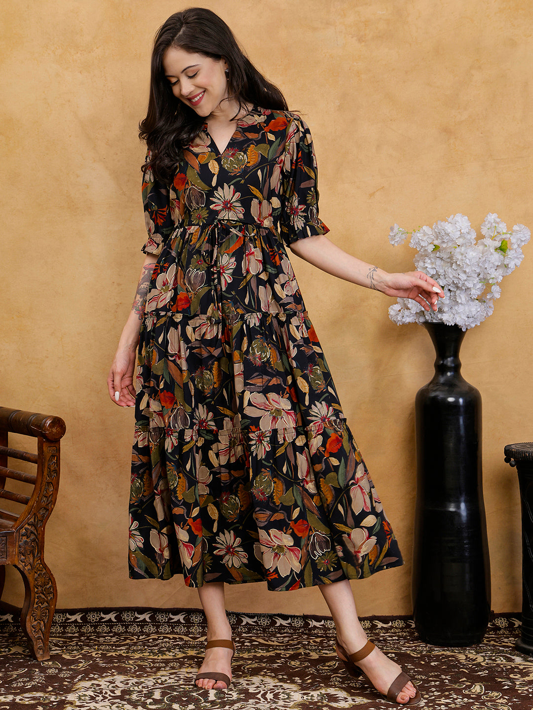 Black Floral Print Puff Sleeve A-Line Midi Dress | Claura