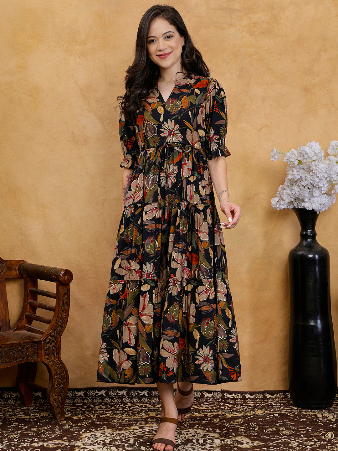 Black Floral Print Puff Sleeve A-Line Midi Dress | Claura