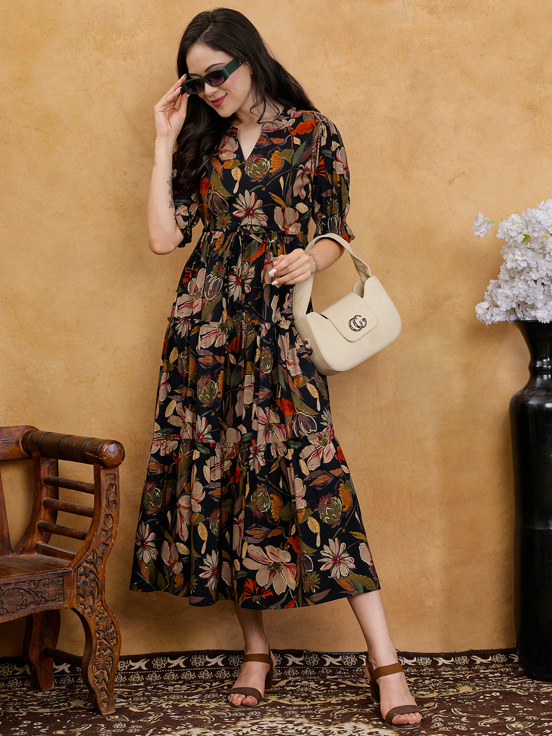 Black Floral Print Puff Sleeve A-Line Midi Dress | Claura