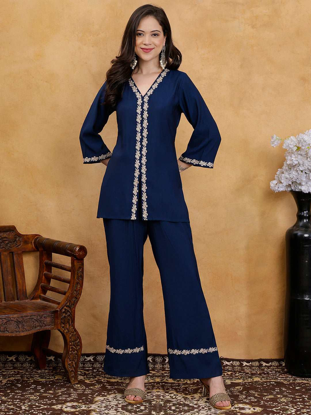 Navy Blue Embroidered V-Neck Tunic with Palazzos Co-Ord Set | Claura