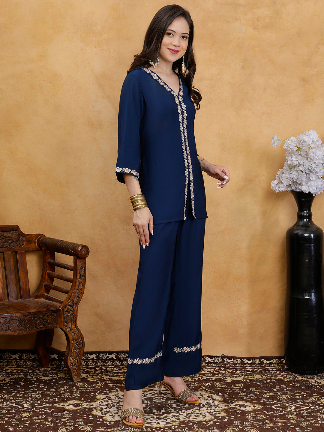 Navy Blue Embroidered V-Neck Tunic with Palazzos Co-Ord Set | Claura