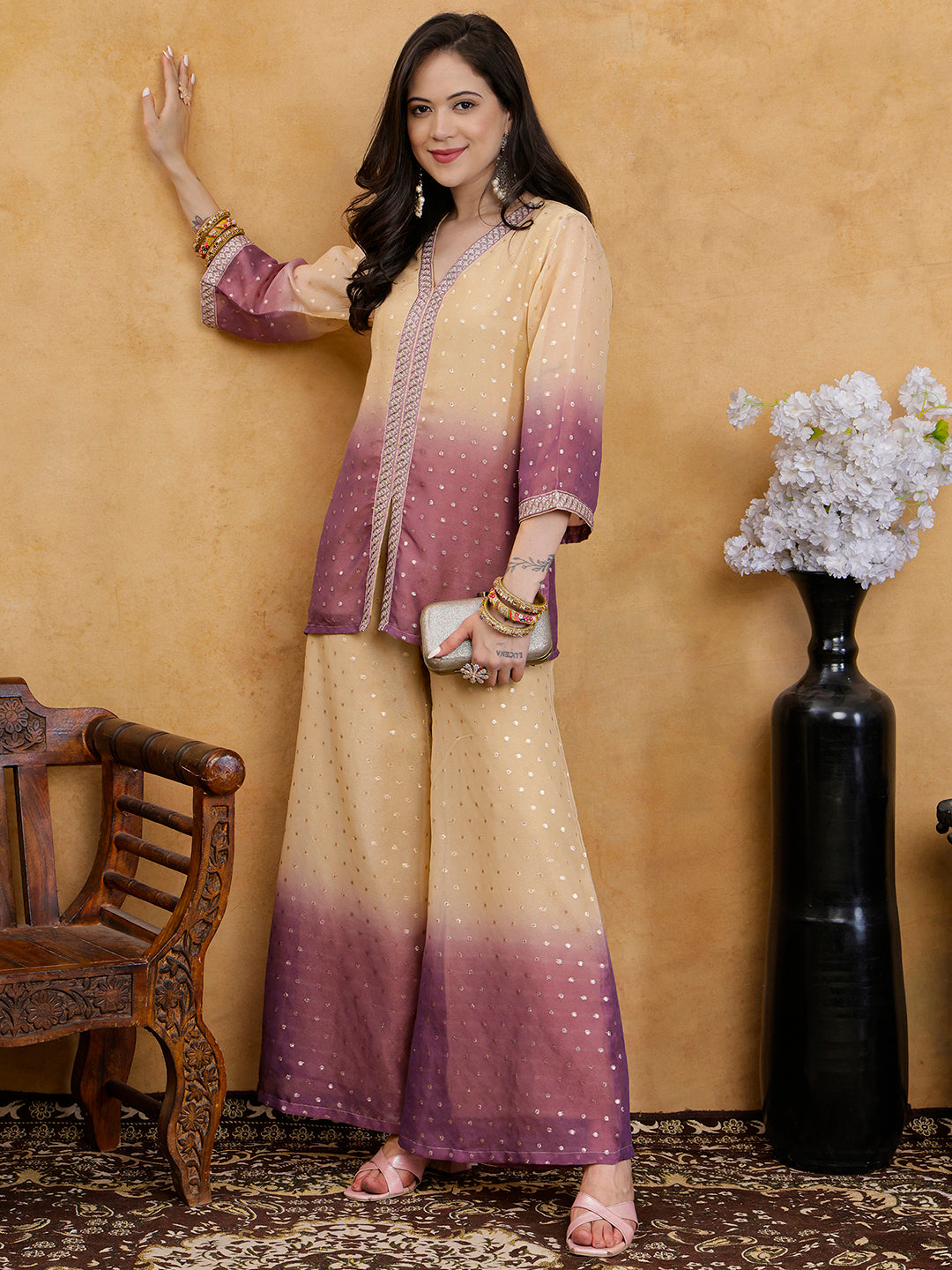 Purple & Cream Ombre Floral Embroidered V-Neck Tunic with Palazzos Co-Ord Set