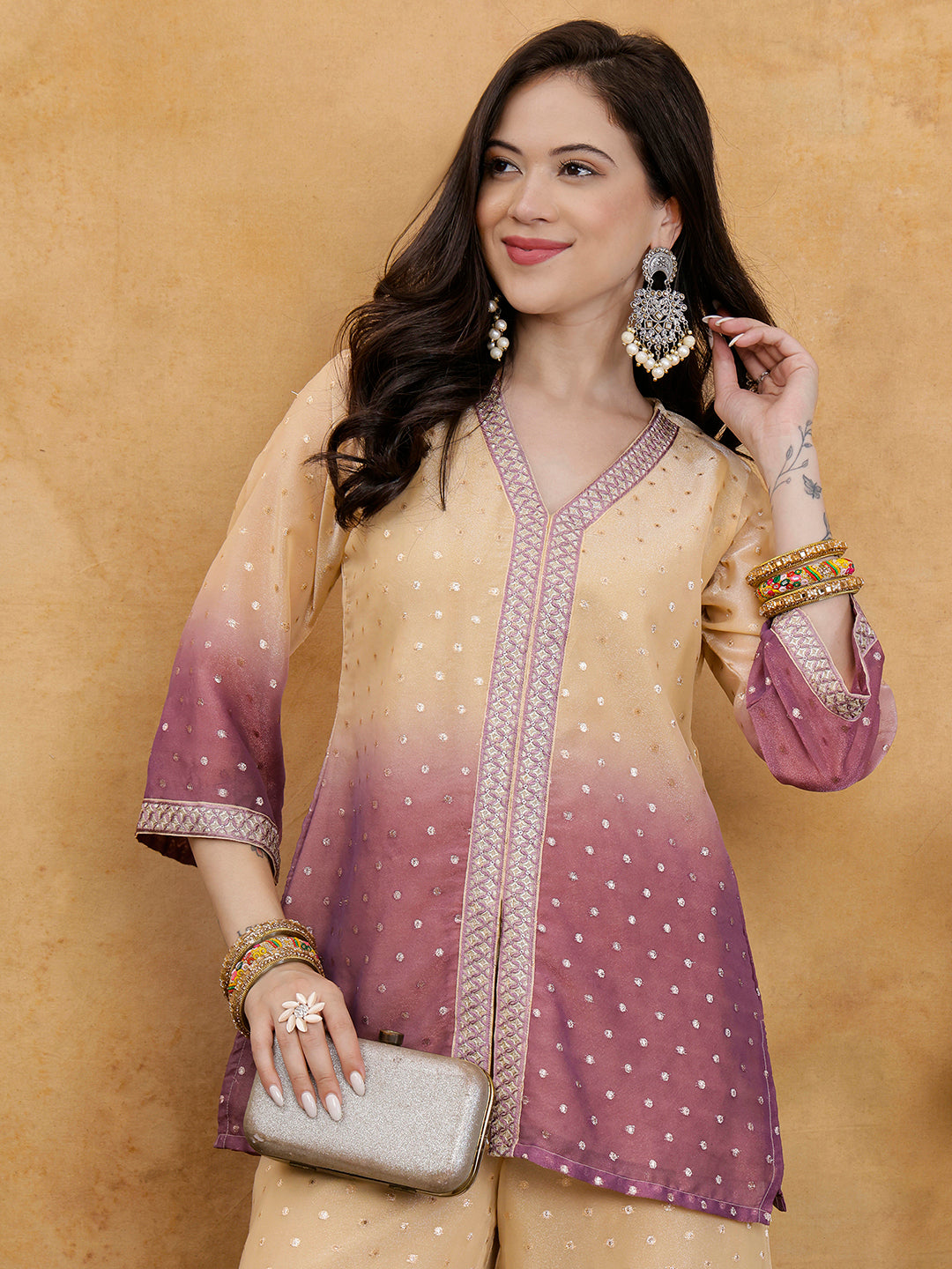 Purple & Cream Ombre Floral Embroidered V-Neck Tunic with Palazzos Co-Ord Set