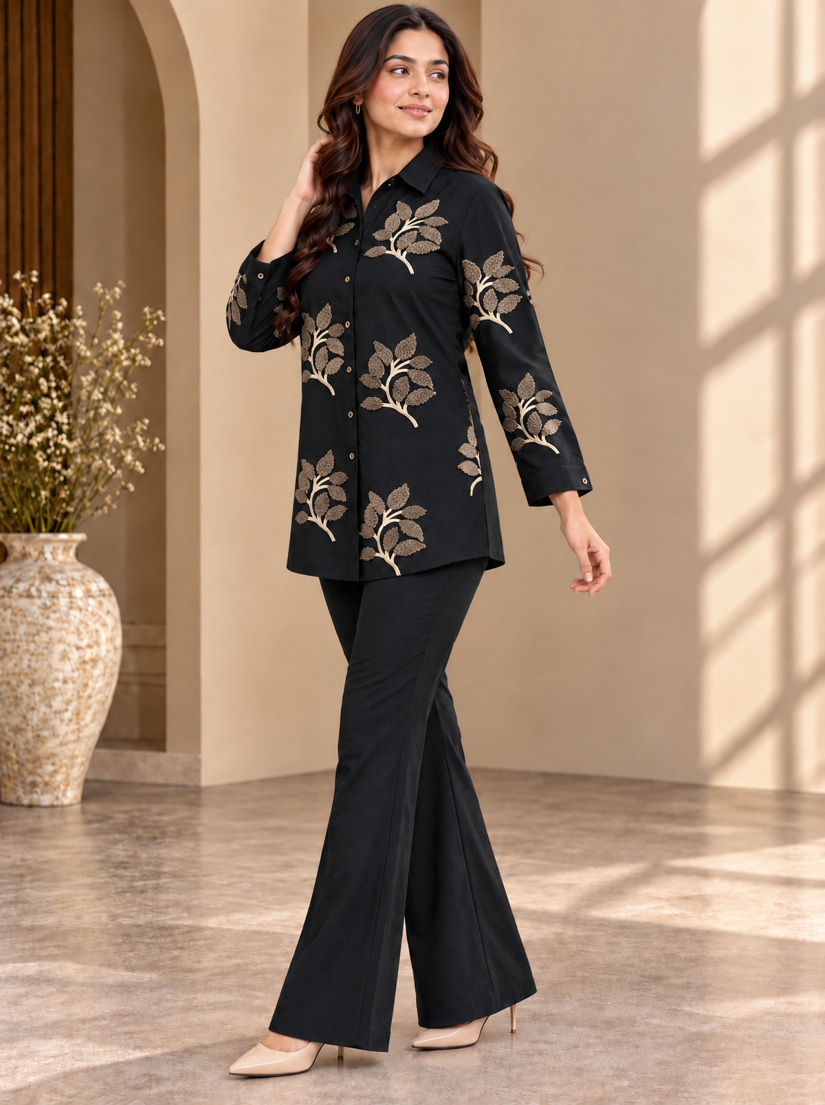Black & Gold Embroidered Tunic with Flared Palazzo Set | Claura