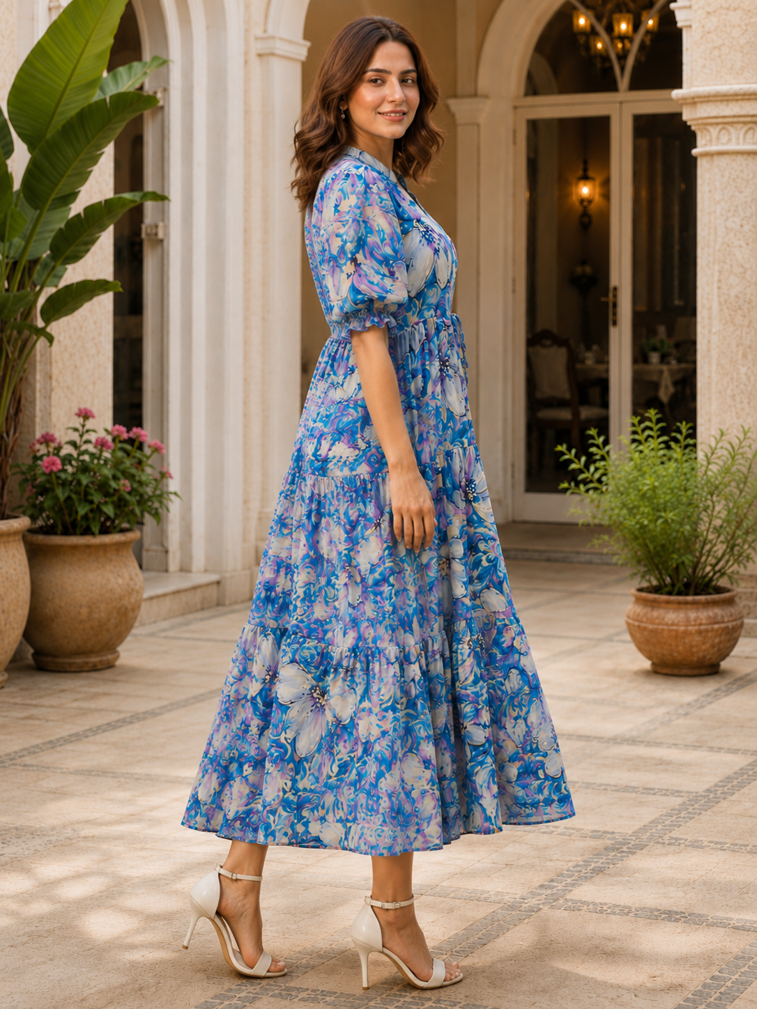 Blue Floral Printed Premium Chanderi Bell-Sleeve Dress for Women | Claura
