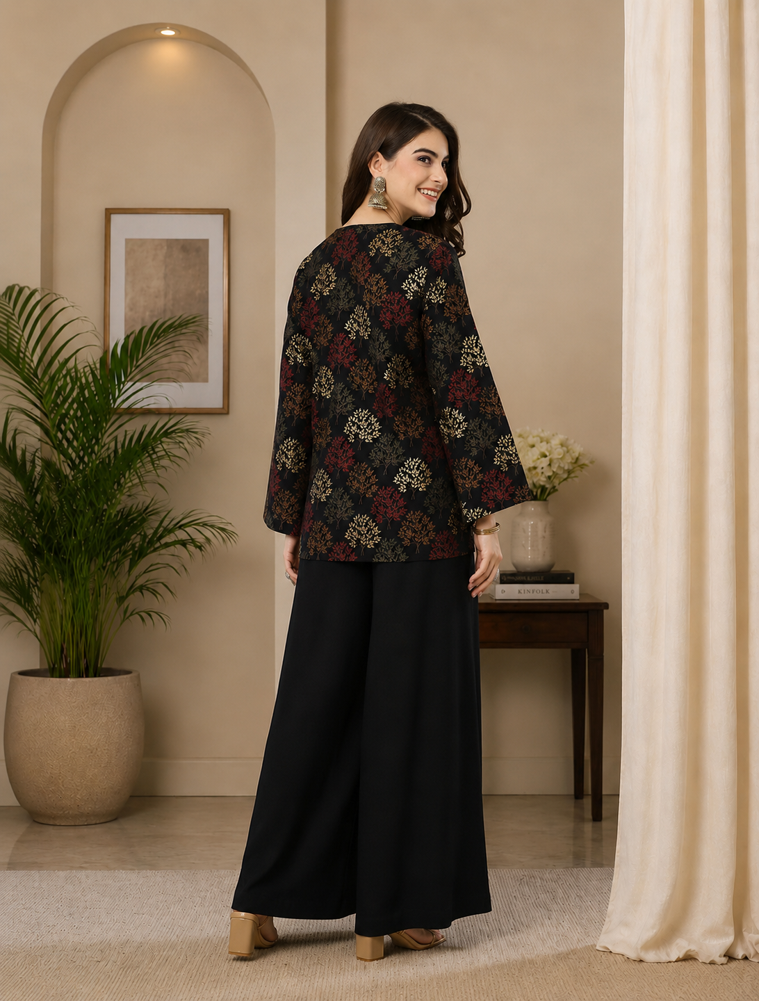 Black Ethnic Printed 3-Piece Viscose Rayon Co-Ord Set for Women | Claura