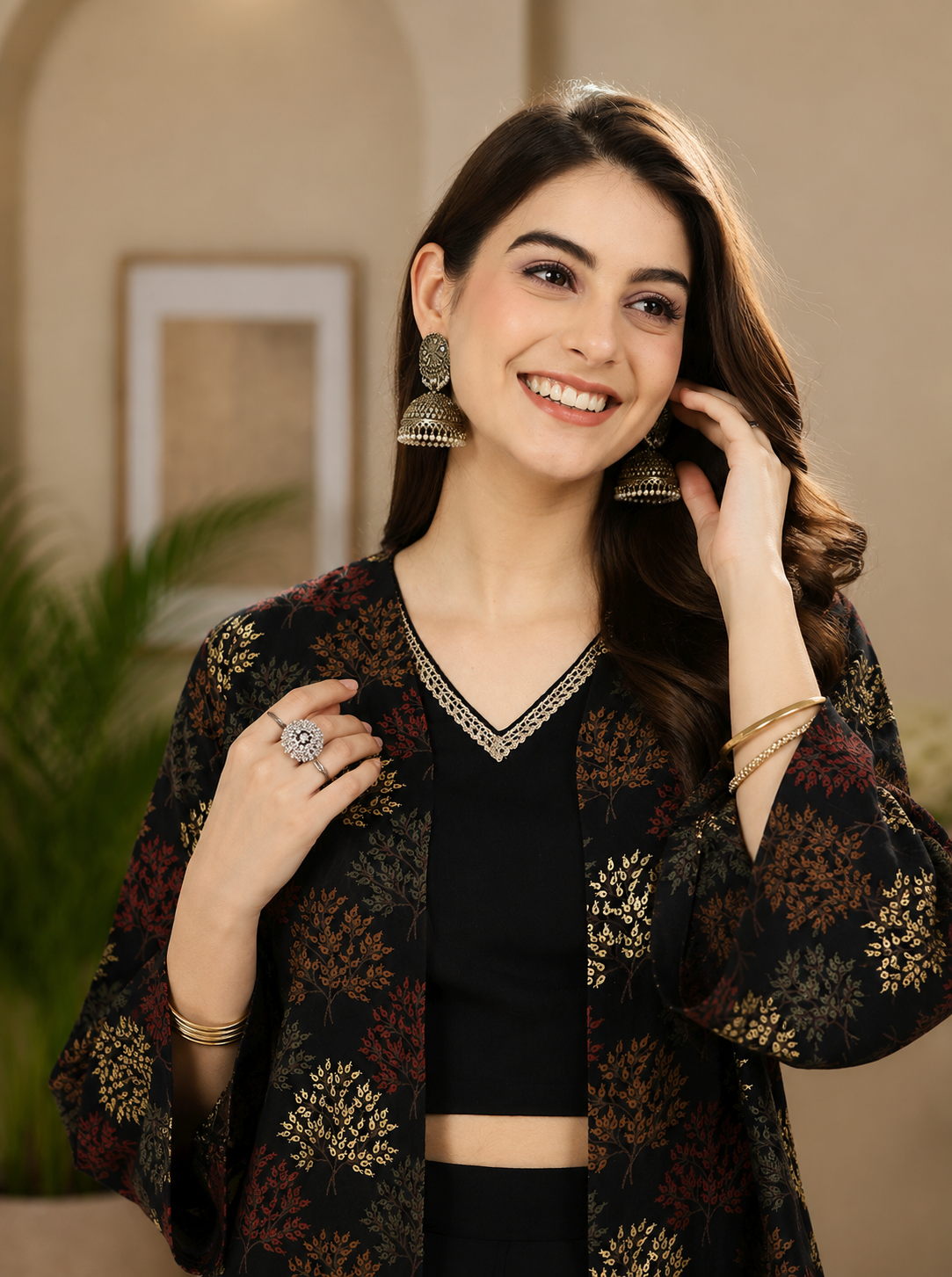 Black Ethnic Printed 3-Piece Viscose Rayon Co-Ord Set for Women | Claura