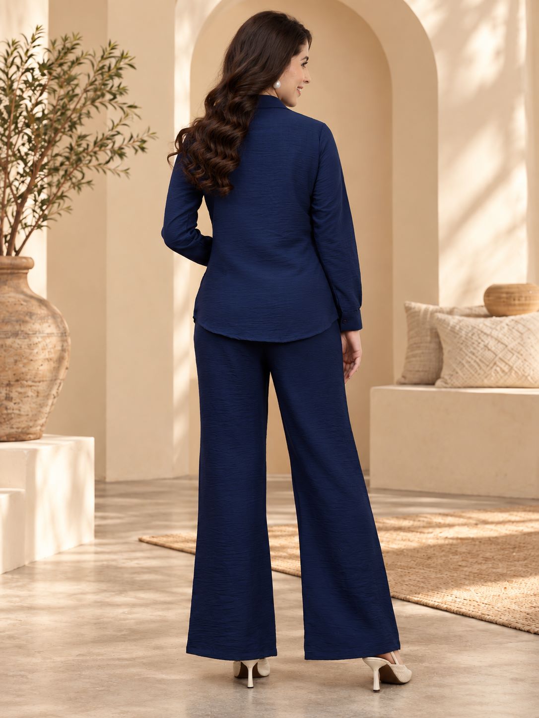 Navy Blue Linen Shirt with Palazzos | Claura