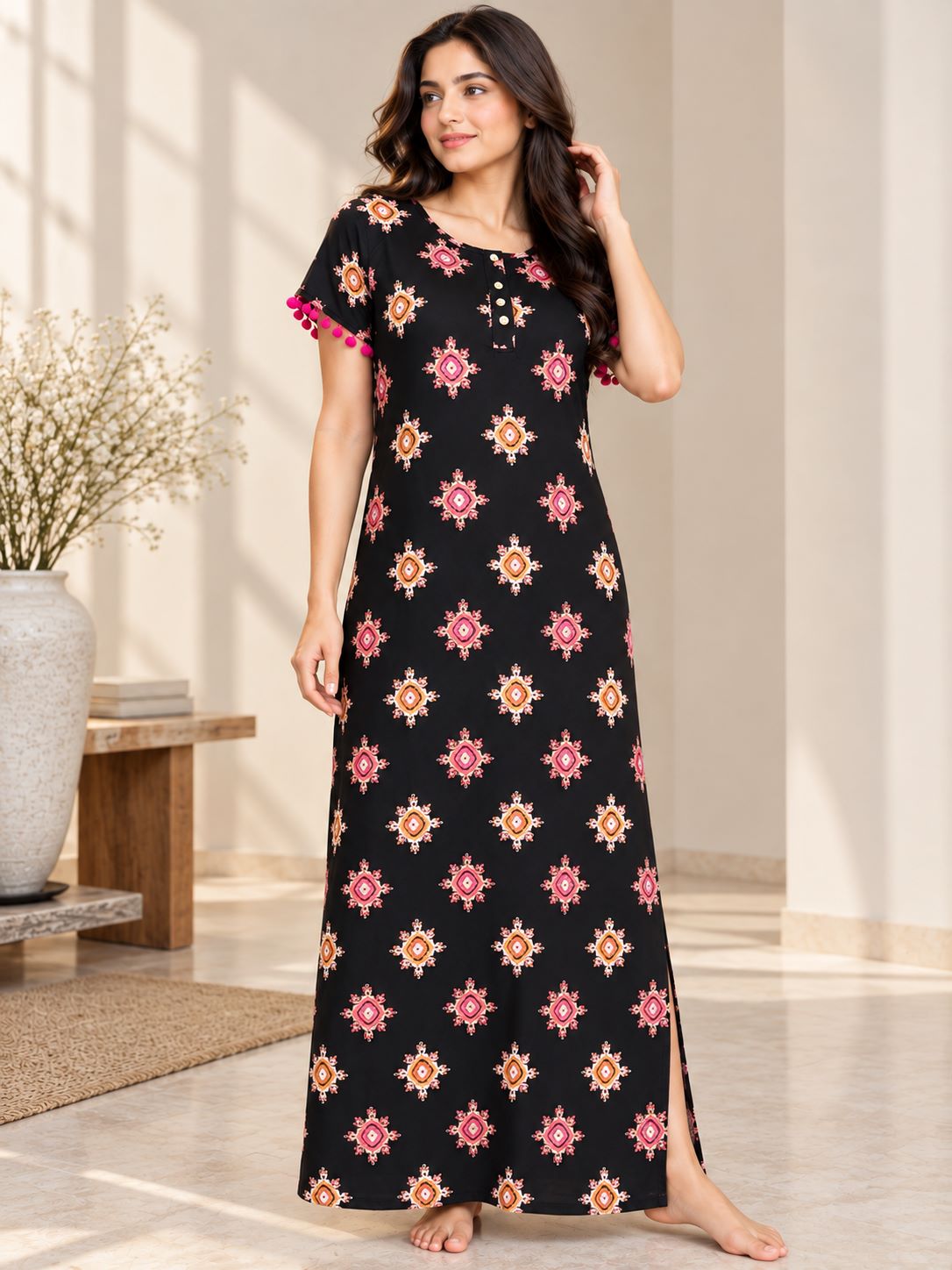 Black Geometric Print Round Neck Maxi Nighty For Women | Claura