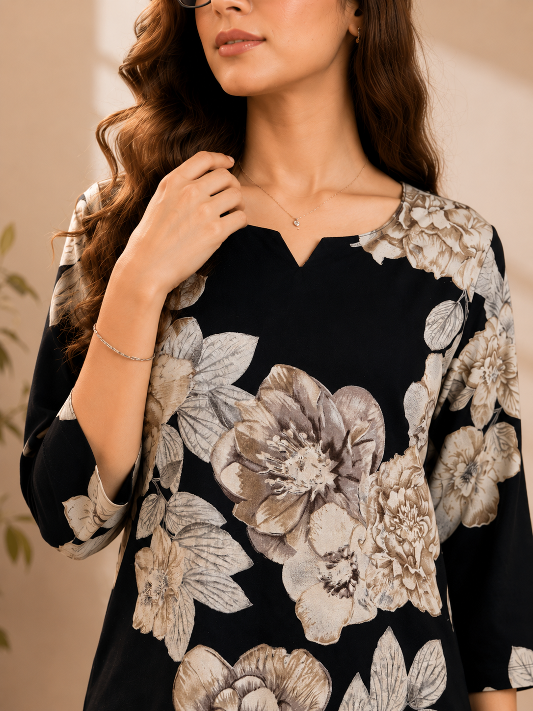 Black Floral Printed Round Neck 3/4 Sleeve Night Suit Set For Women | Claura