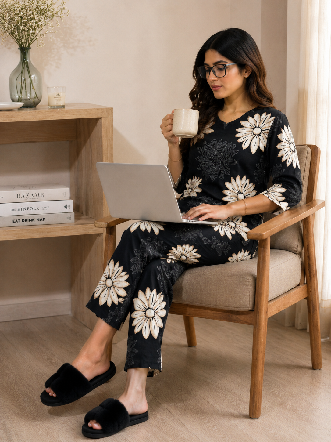 Black Floral Print Round Neck Rayon Night Suit for Women
