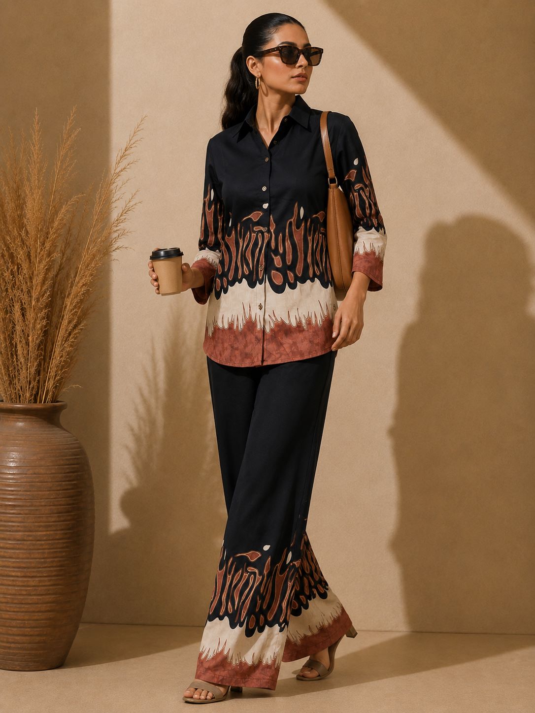 Black Color Abstract Printed Silk Co-Ord Set For Women | Claura