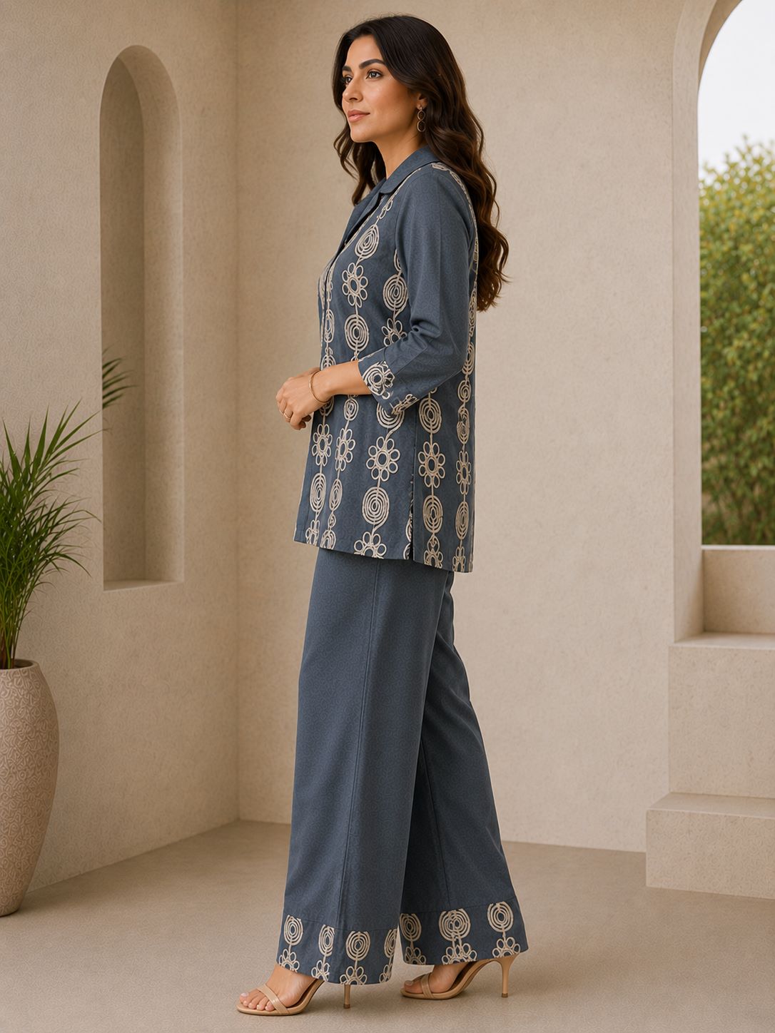 Grey Floral Embroidered Linen Tunic Set with Palazzos