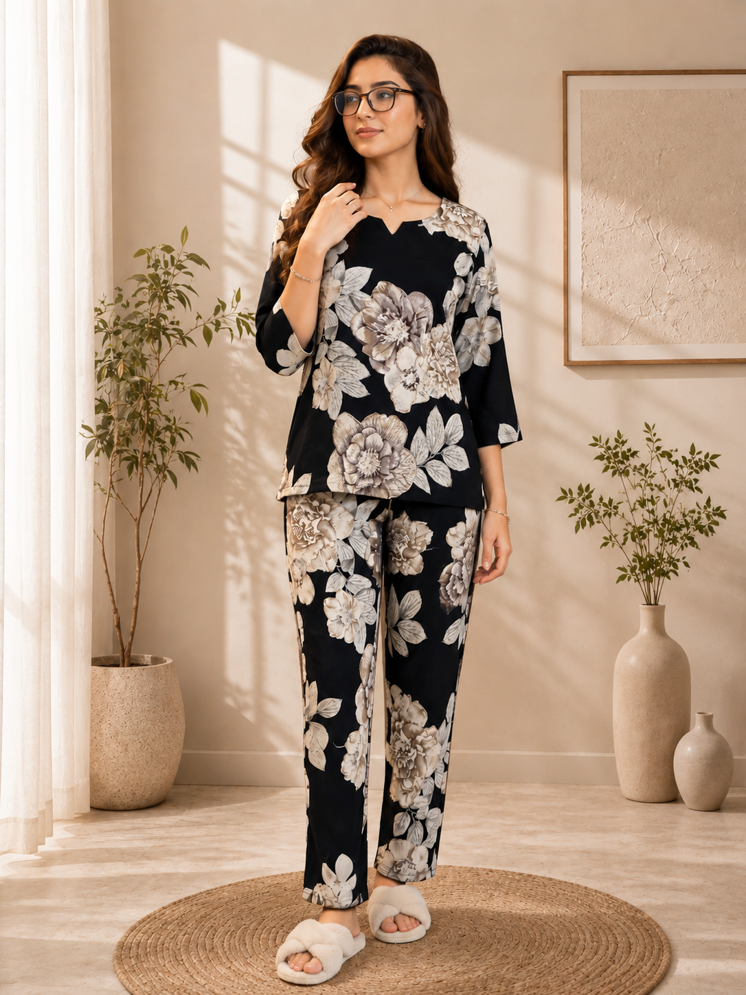 Black Floral Printed Round Neck 3/4 Sleeve Night Suit Set For Women | Claura