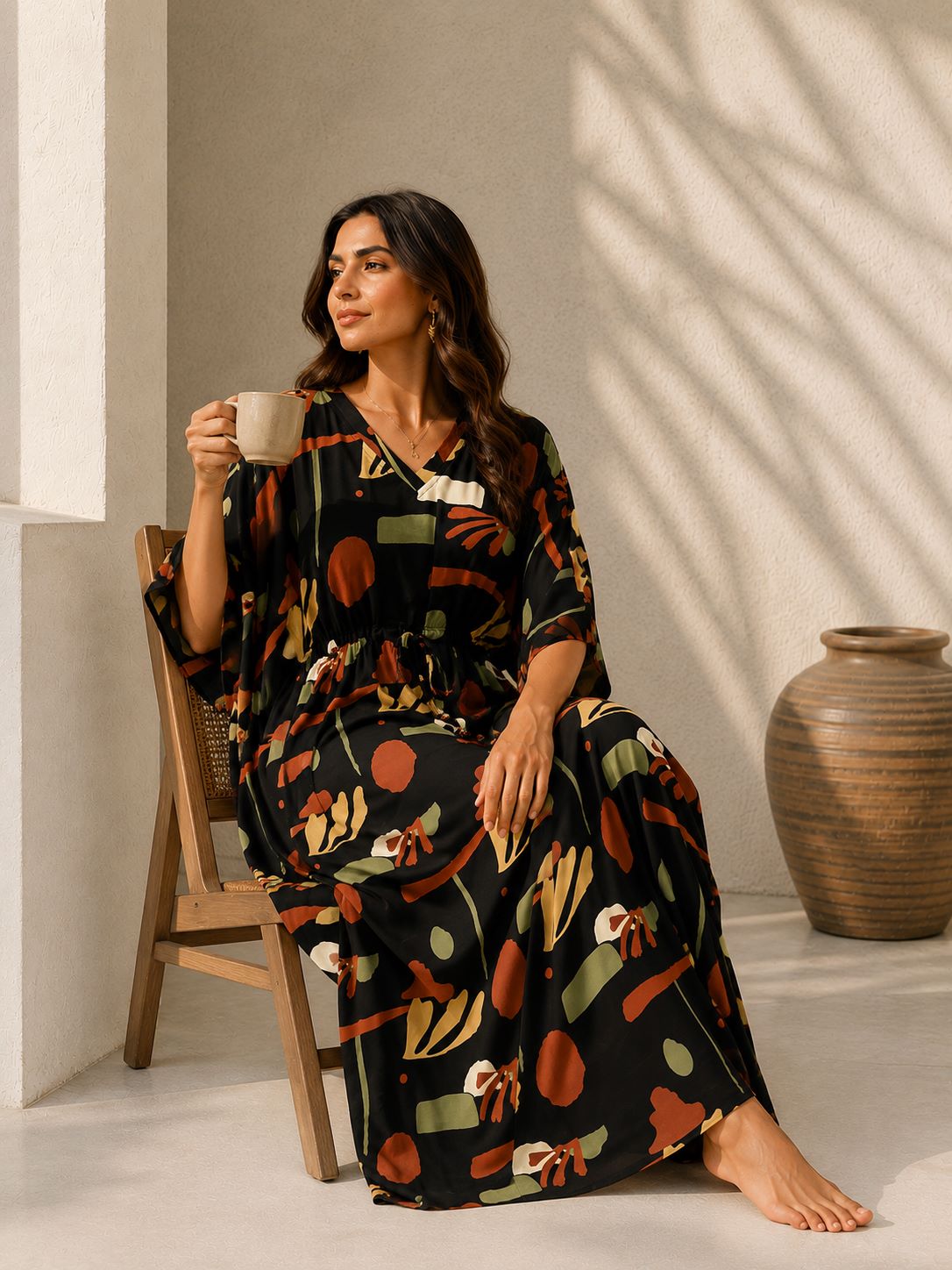 Black Boho Abstract Print Kaftan Maxi Dress with V-Neck | Claura