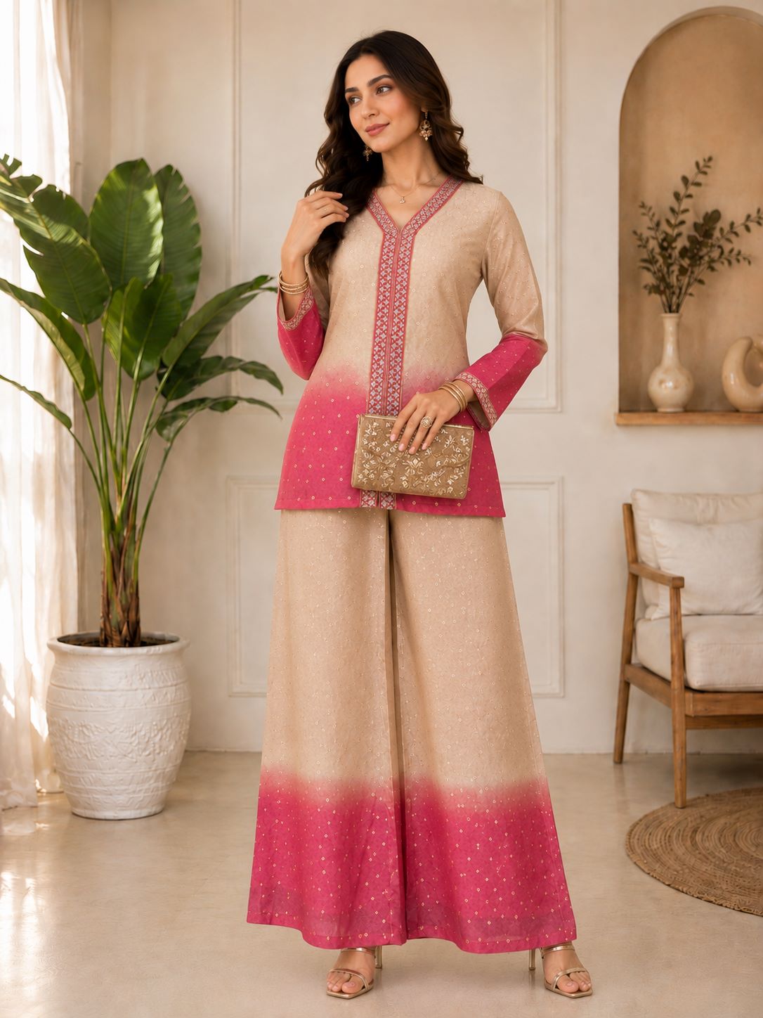 Pink & Cream Ombre Floral Embroidered V-Neck Tunic with Palazzos Co-Ord Set