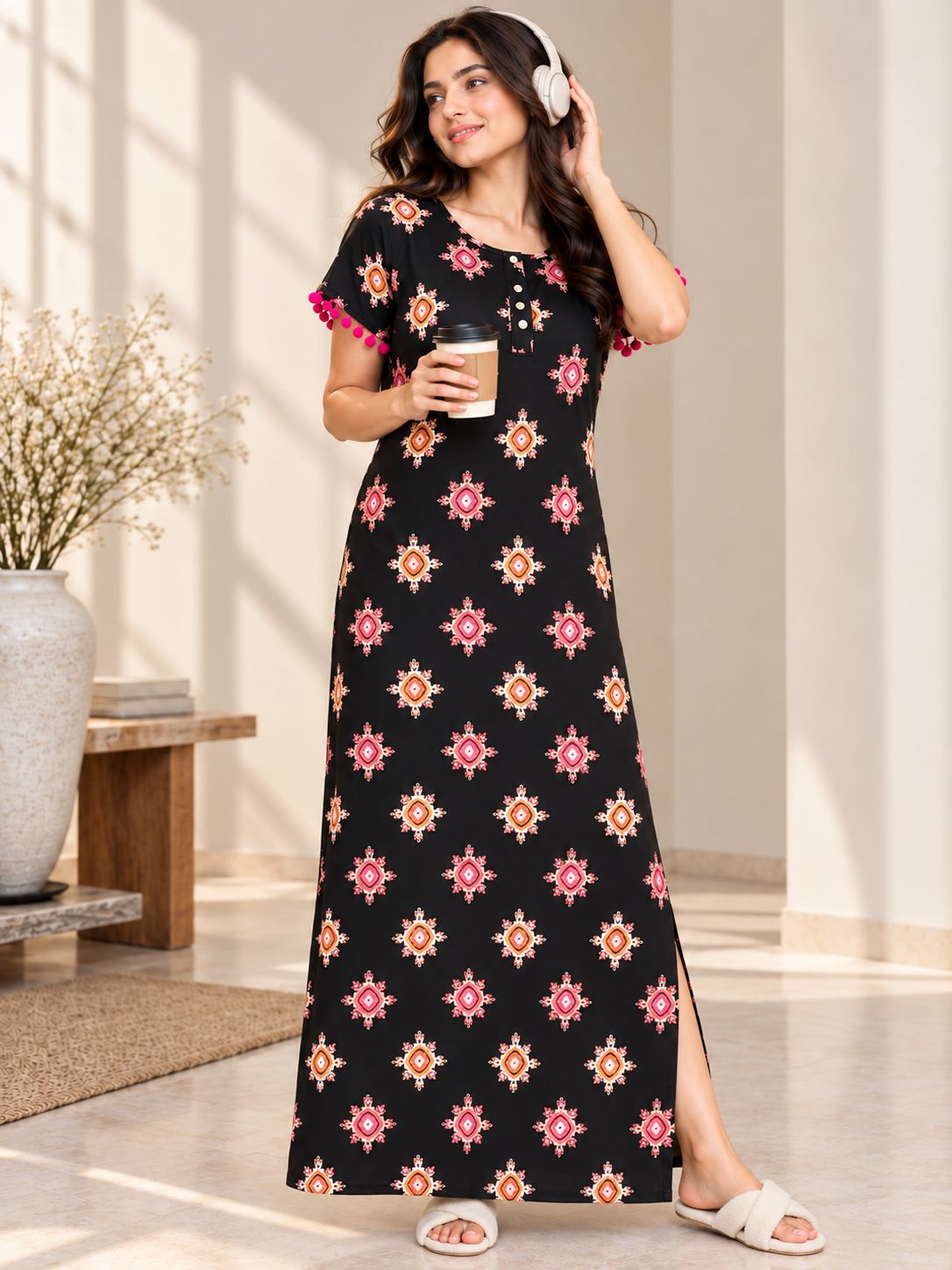Black Geometric Print Round Neck Maxi Nighty For Women | Claura