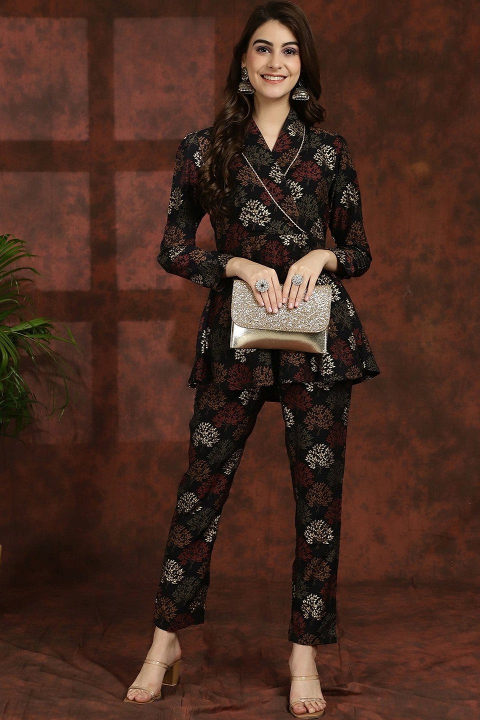 Black Ethnic Motifs Printed V-Neck Tunic with Flared Trouser Co-Ord Set for Women | Claura