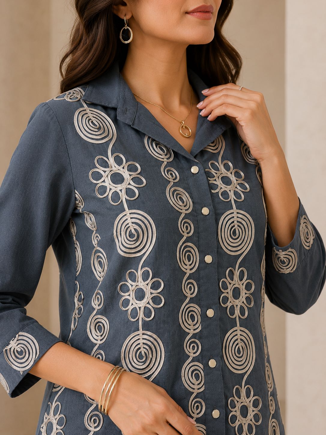 Grey Floral Embroidered Linen Tunic Set with Palazzos