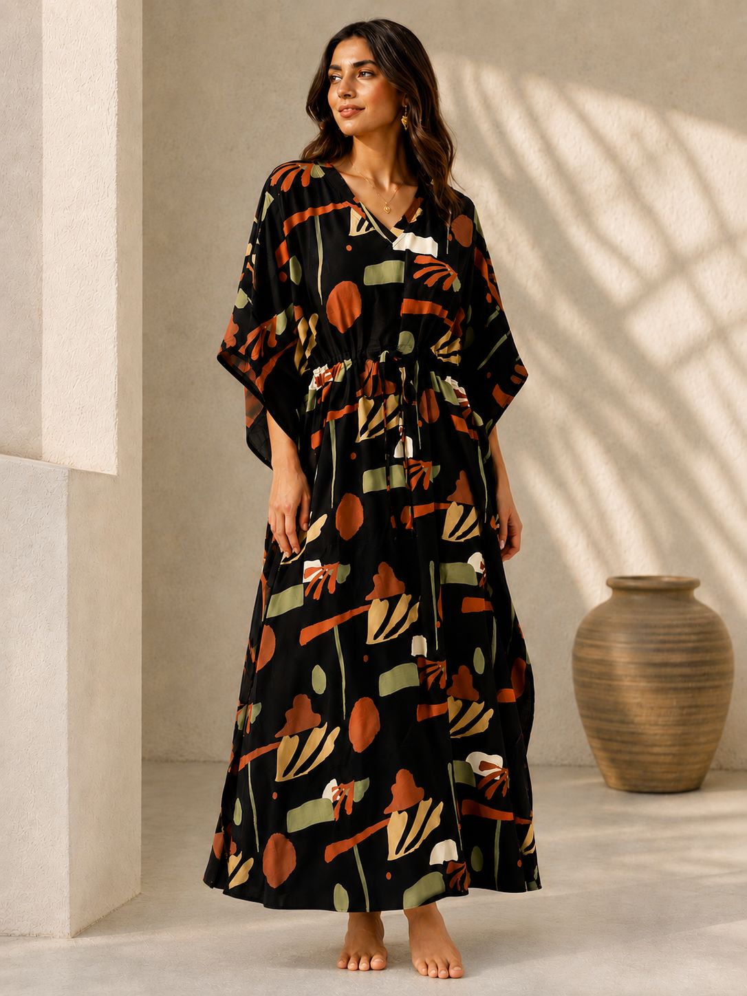 Black Boho Abstract Print Kaftan Maxi Dress with V-Neck | Claura