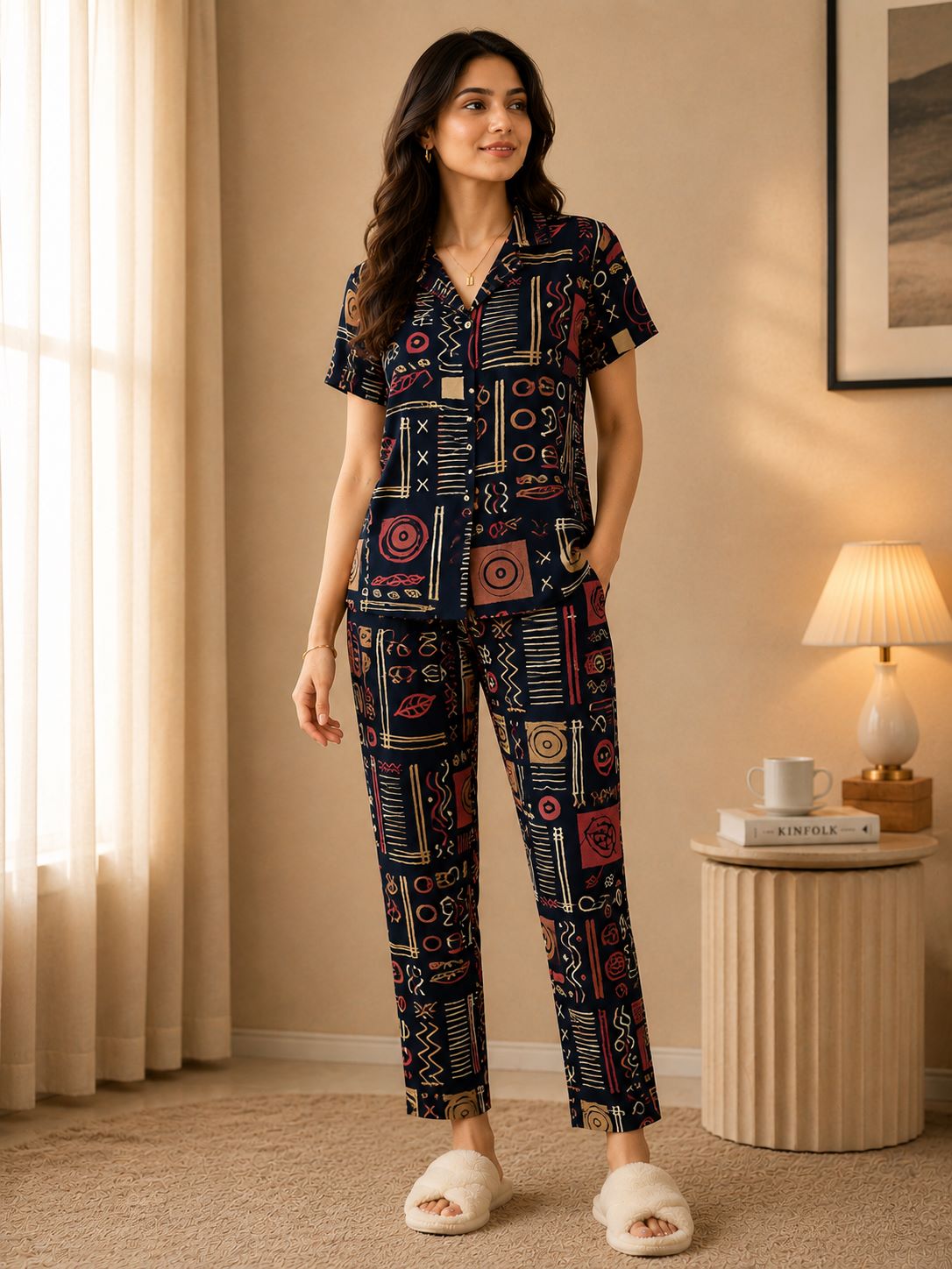 Black Abstract Art Printed Luxe Rayon Night Suit for Women | Claura