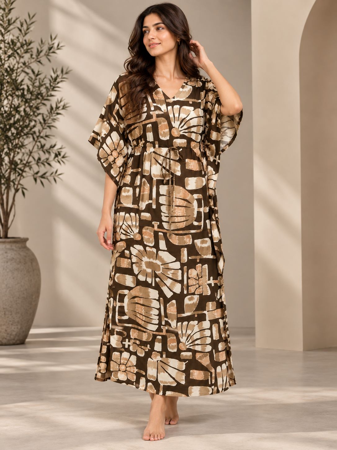 Brown Abstract Floral Print V-Neck Maxi Nightdress | Claura