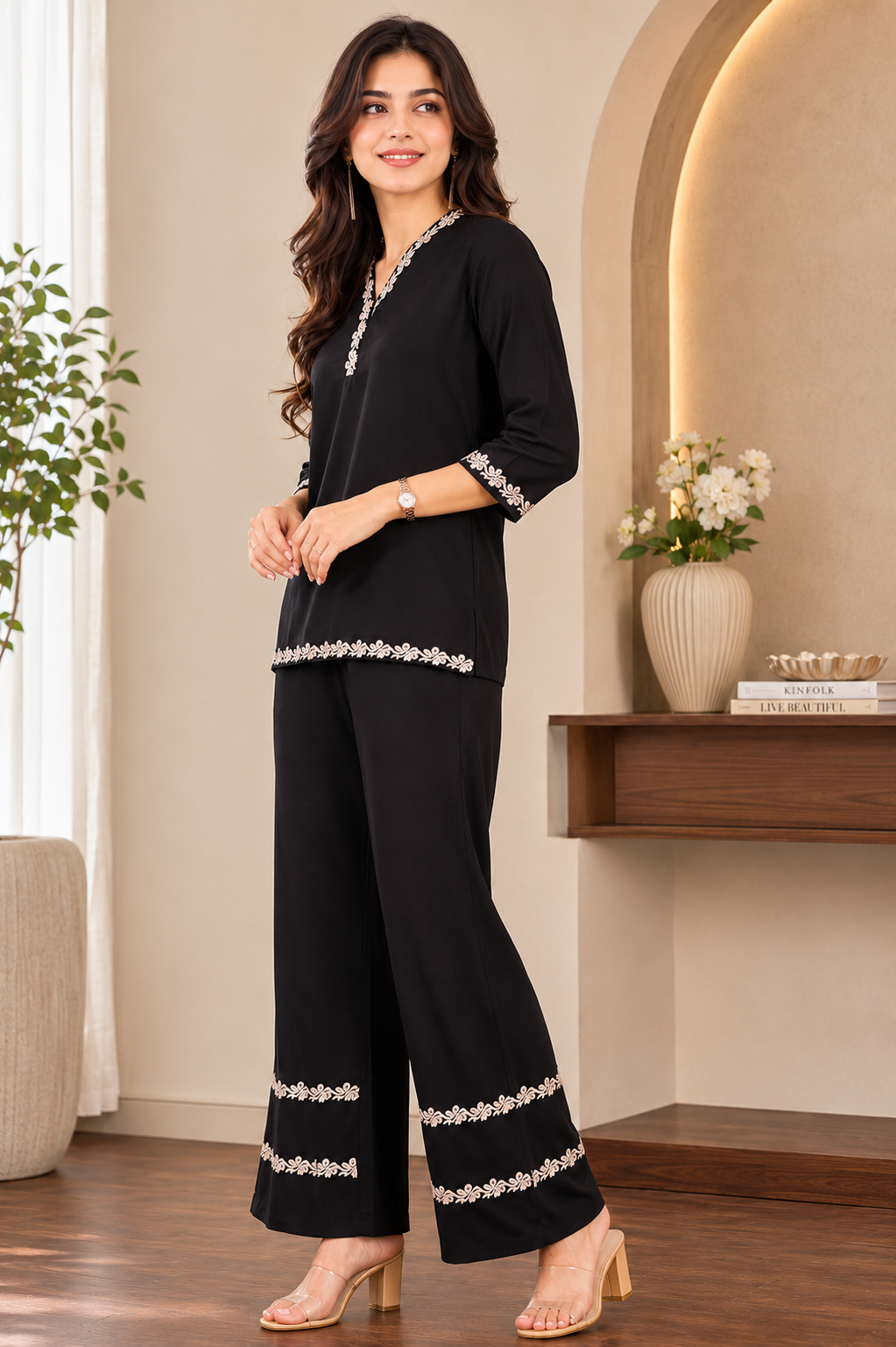 Black Embroidered Tunic & Trouser Viscose Rayon Co-Ord Set