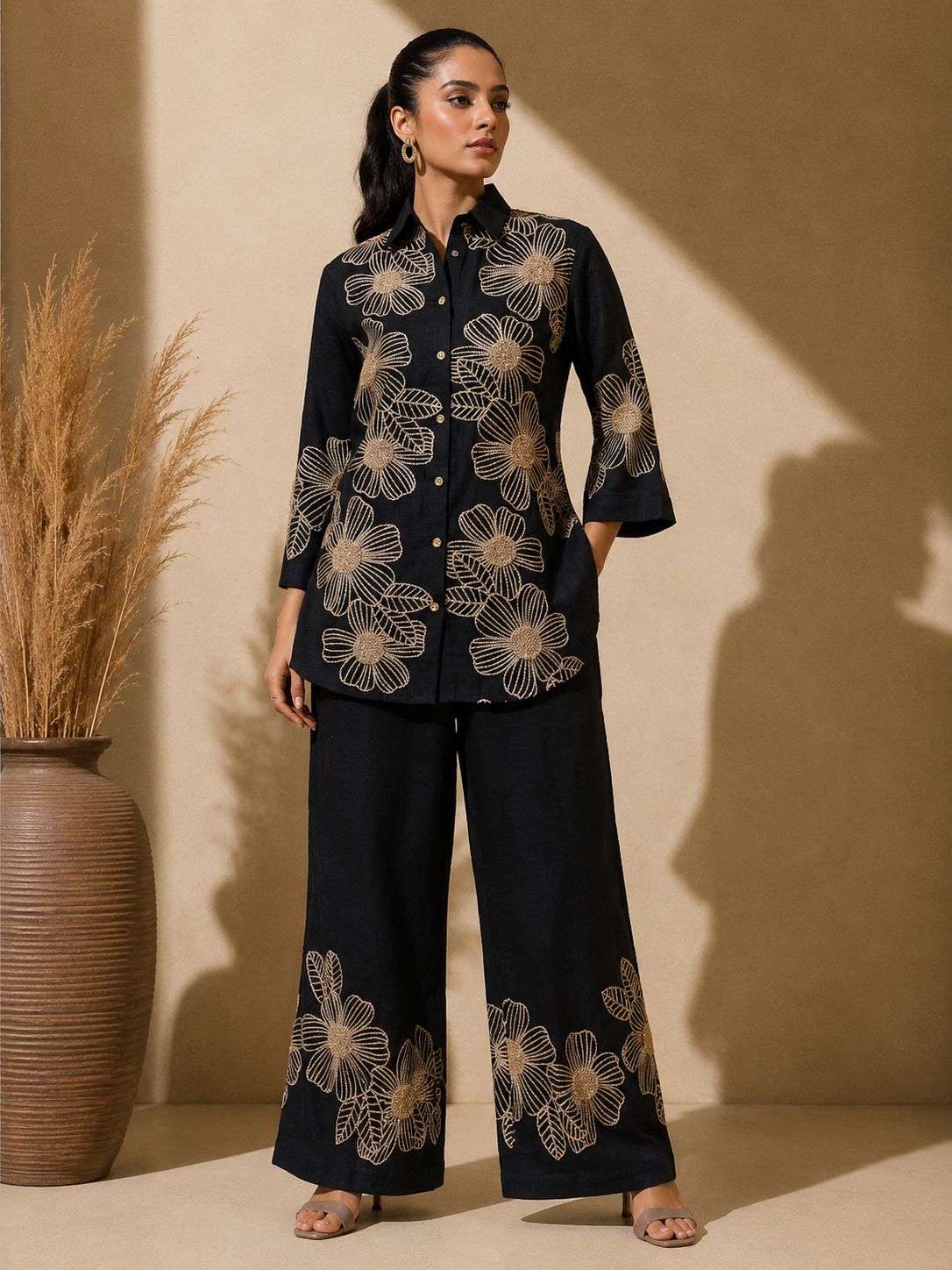 Black Embroidered Shirt Collar Co-ord Set | Claura