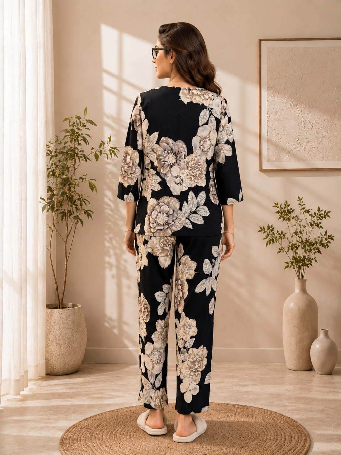 Black Floral Printed Round Neck 3/4 Sleeve Night Suit Set For Women | Claura