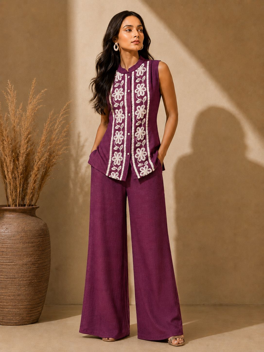 Purple Embroidered Sleeveless Linen Top & Palazzo Set | Claura