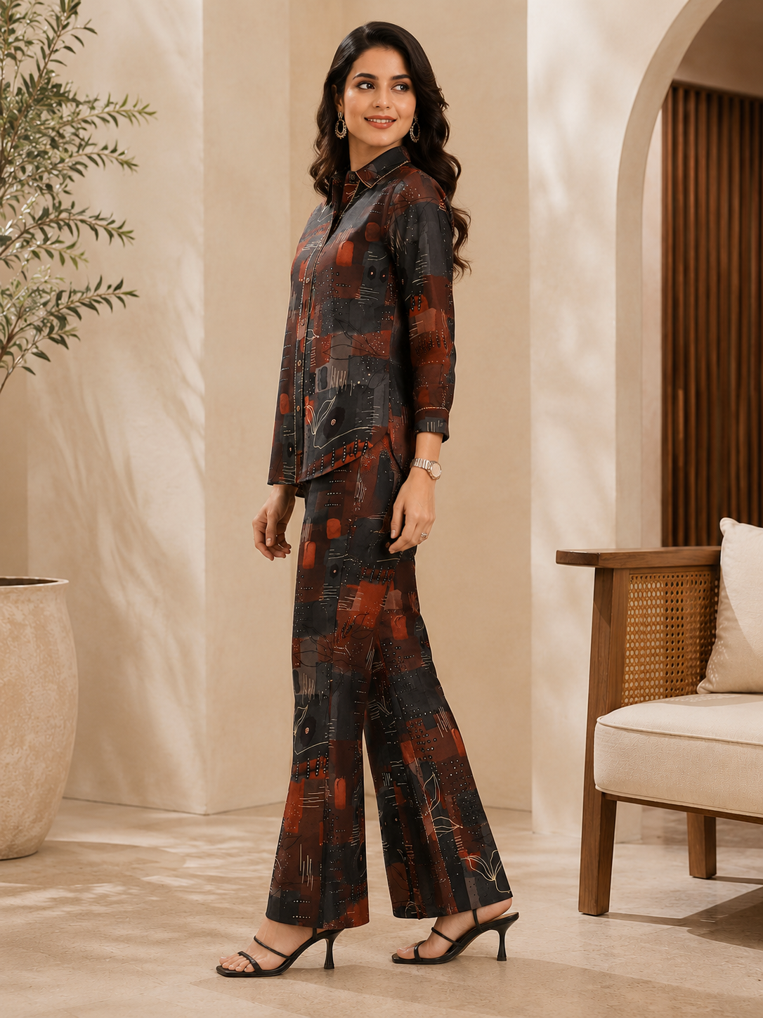 Brown Chanderi Abstract Co-Ord for Women | Claura