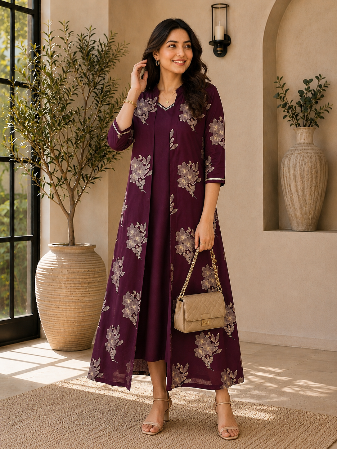 Wine Color Floral Printed Cotton Dress for Women | Claura