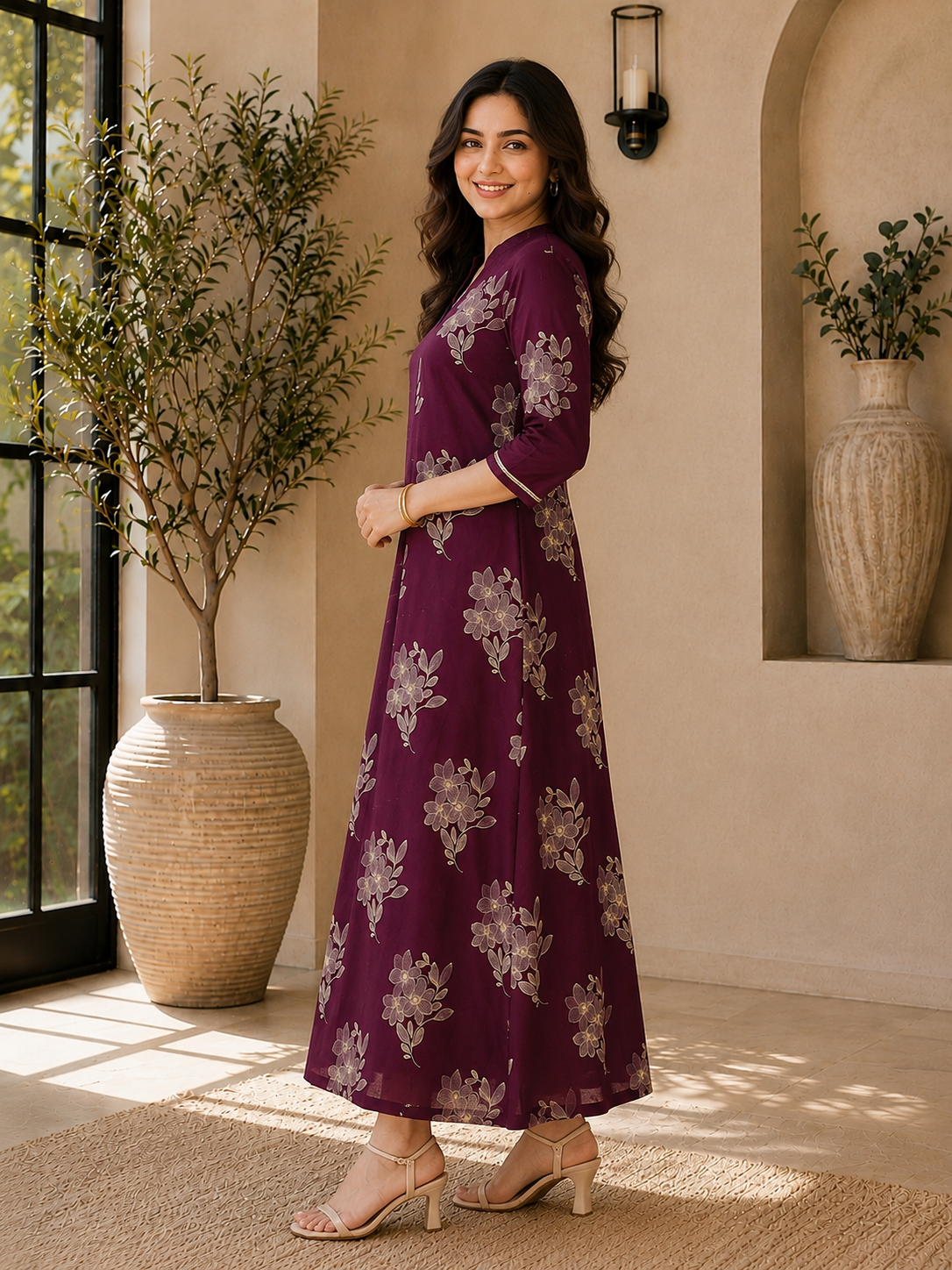Wine Color Floral Printed Cotton Dress for Women | Claura
