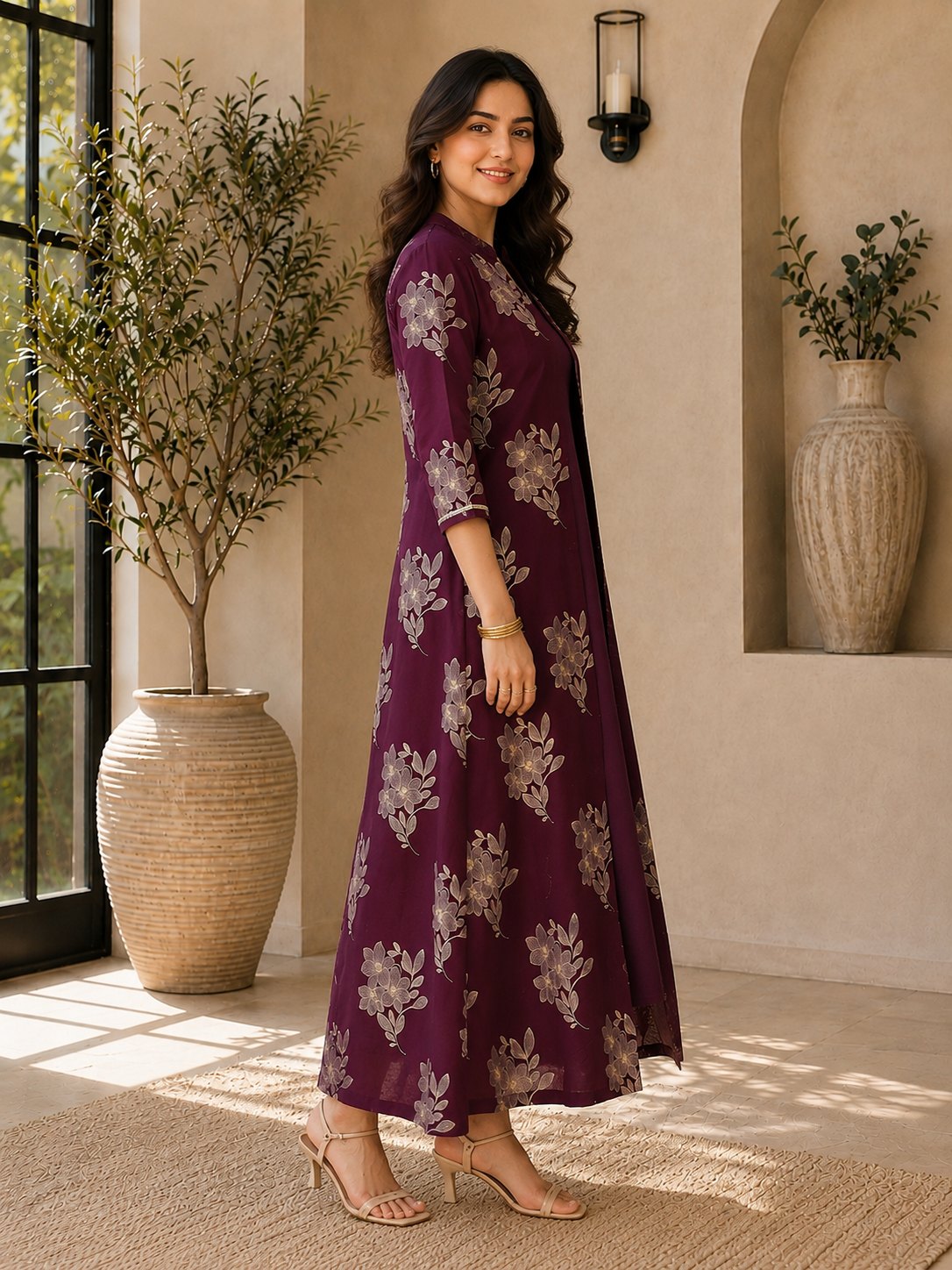 Wine Color Floral Printed Cotton Dress for Women | Claura