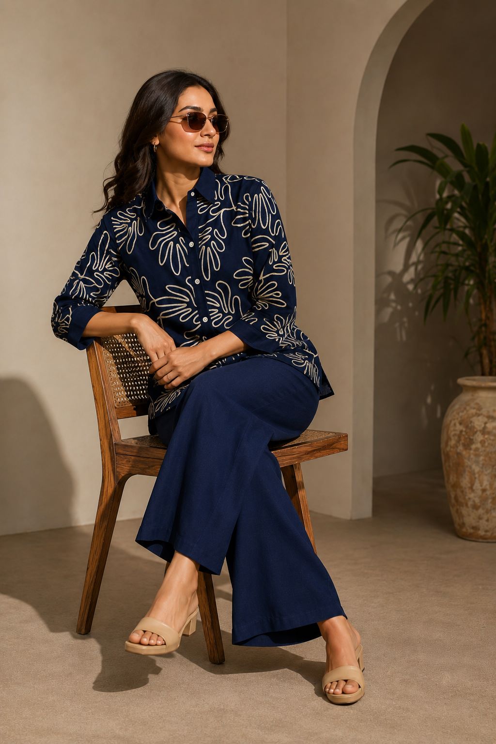 Navy Blue Embroidered Linen Shirt & Palazzo Co-Ord Set | Claura