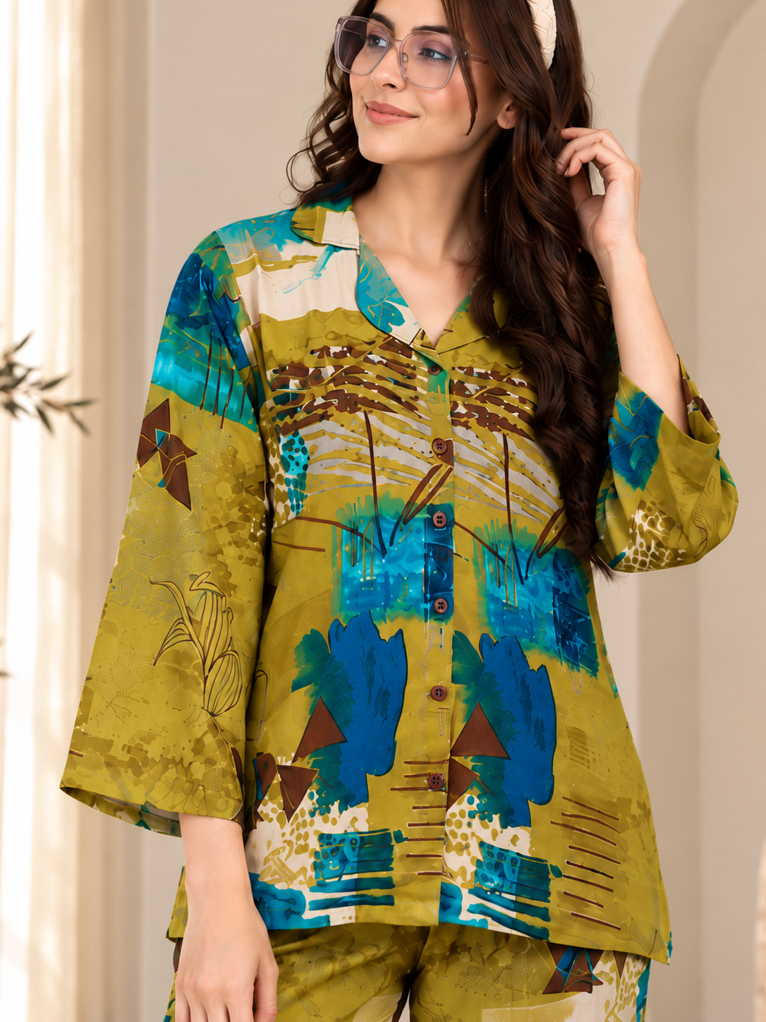Olive Green Viscose Rayon Full Sleeve Night Suit for Women | Claura