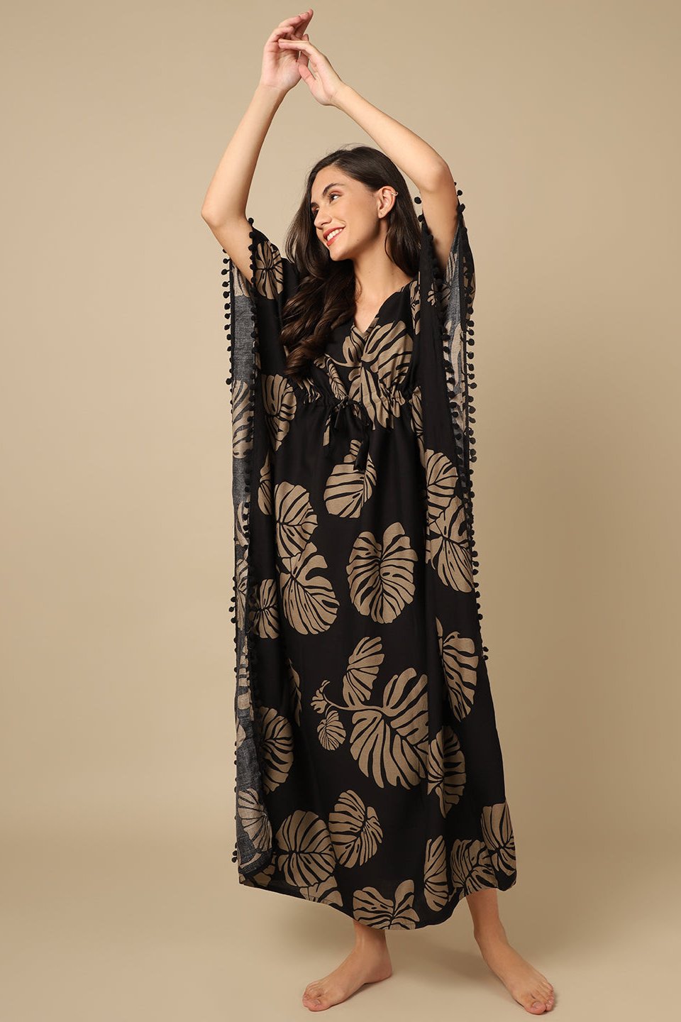 Black Color Floral Printed Viscose Rayon Kaftan Claura Designs Pvt. Ltd. Kaftan Black, Floral, kaftan, kaftan_freesize, Nightdress, Printed, Rayon, Sleepwear, V-Neck