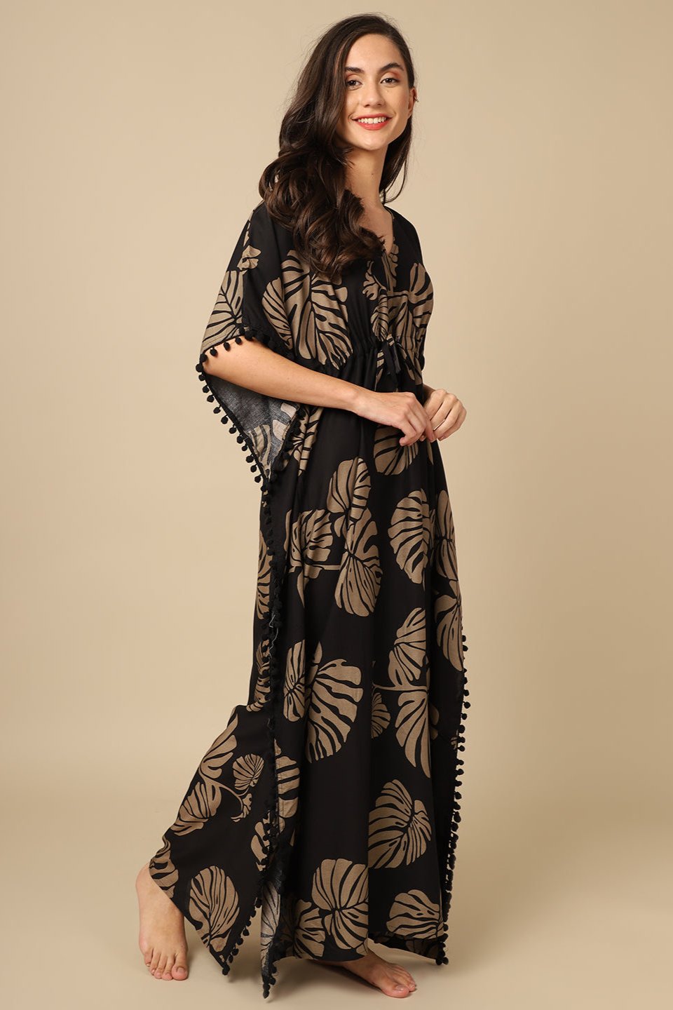Black Color Floral Printed Viscose Rayon Kaftan Claura Designs Pvt. Ltd. Kaftan Black, Floral, kaftan, kaftan_freesize, Nightdress, Printed, Rayon, Sleepwear, V-Neck