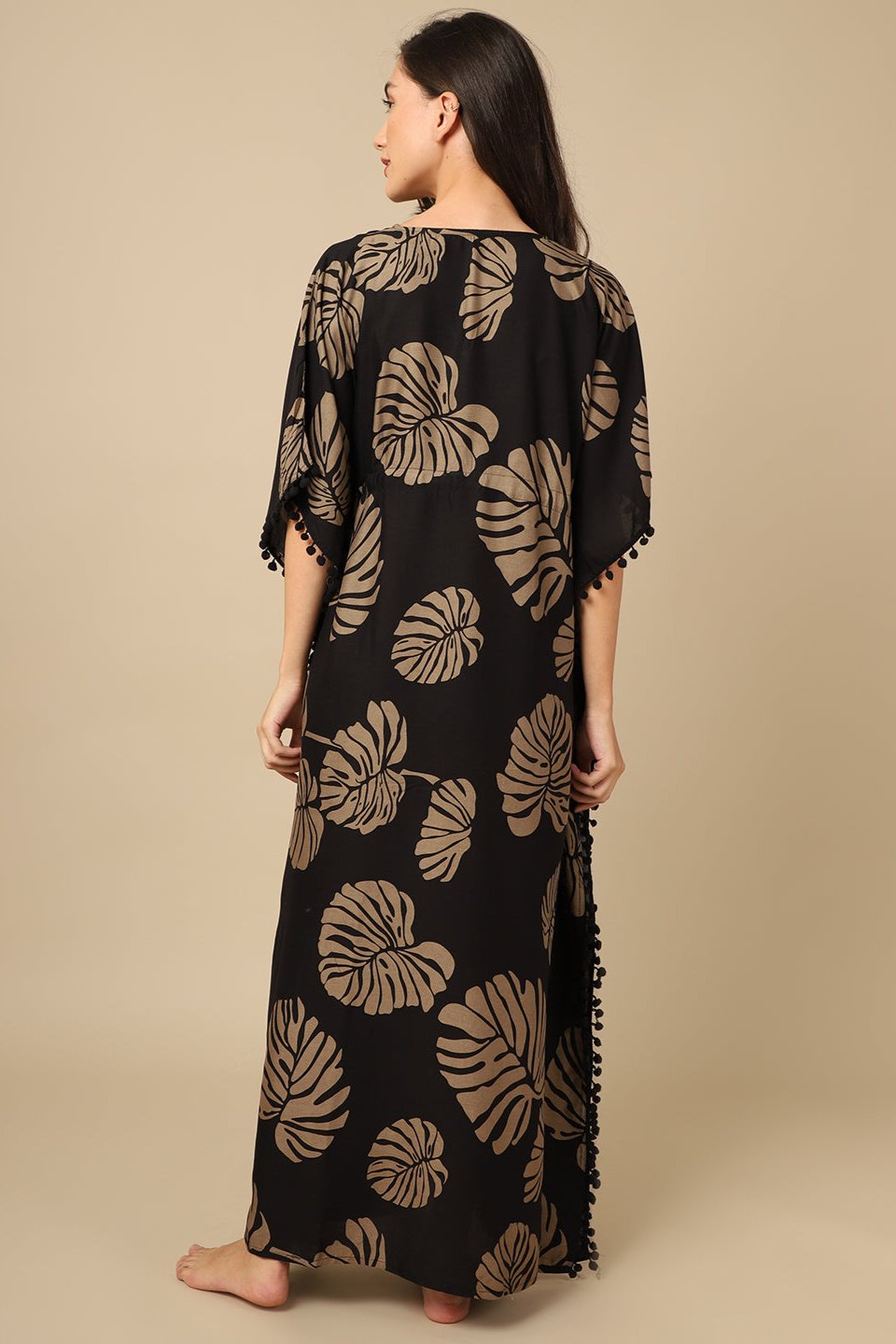 Black Color Floral Printed Viscose Rayon Kaftan Claura Designs Pvt. Ltd. Kaftan Black, Floral, kaftan, kaftan_freesize, Nightdress, Printed, Rayon, Sleepwear, V-Neck