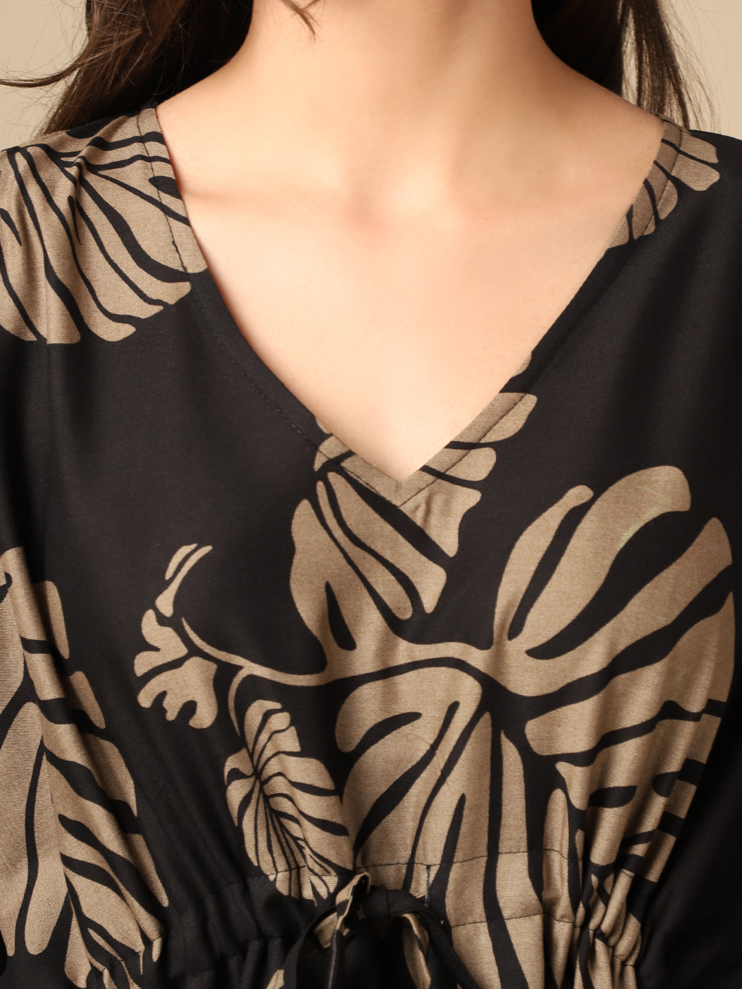 Black Color Floral Printed Viscose Rayon Kaftan Claura Designs Pvt. Ltd. Kaftan Black, Floral, kaftan, kaftan_freesize, Nightdress, Printed, Rayon, Sleepwear, V-Neck