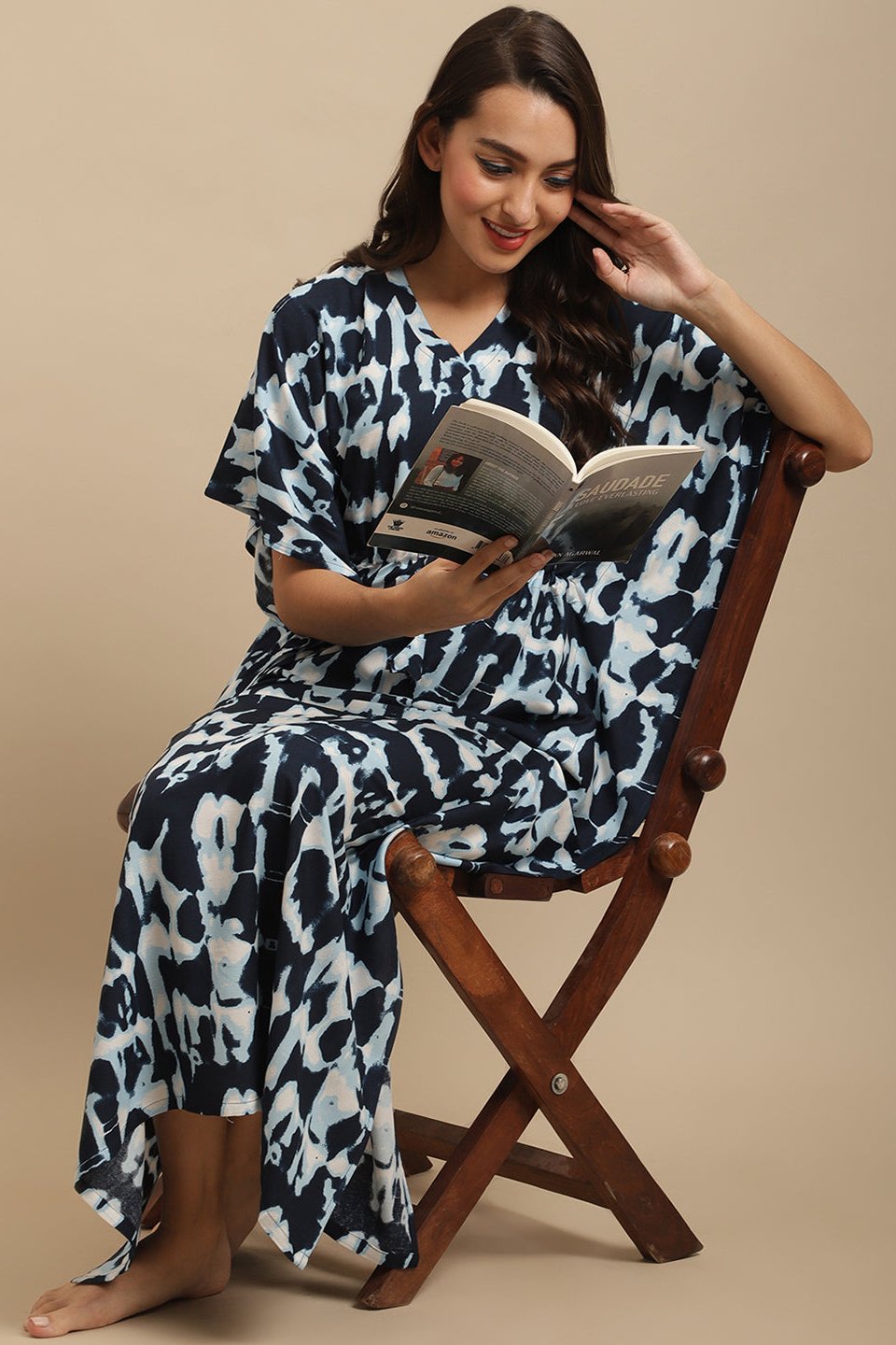 Navy Color Abstract Viscose Rayon Kaftan For Woman Claura Designs Pvt. Ltd. Kaftan kaftan, kaftan_freesize, Navy Blue, Nightdress, Printed, Rayon, Sleepwear, V-Neck