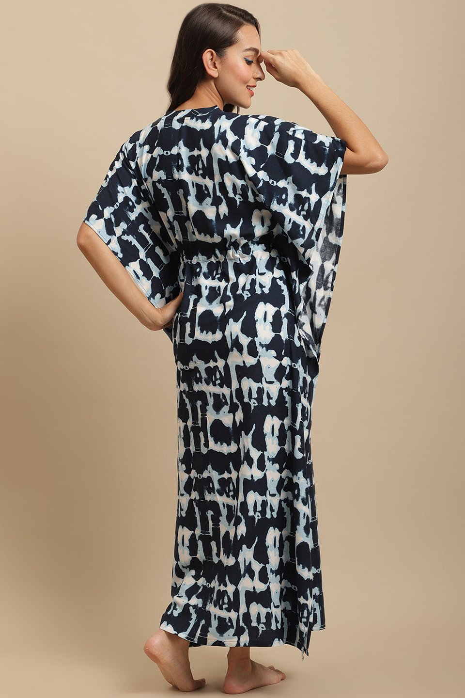 Navy Color Abstract Viscose Rayon Kaftan For Woman Claura Designs Pvt. Ltd. Kaftan kaftan, kaftan_freesize, Navy Blue, Nightdress, Printed, Rayon, Sleepwear, V-Neck