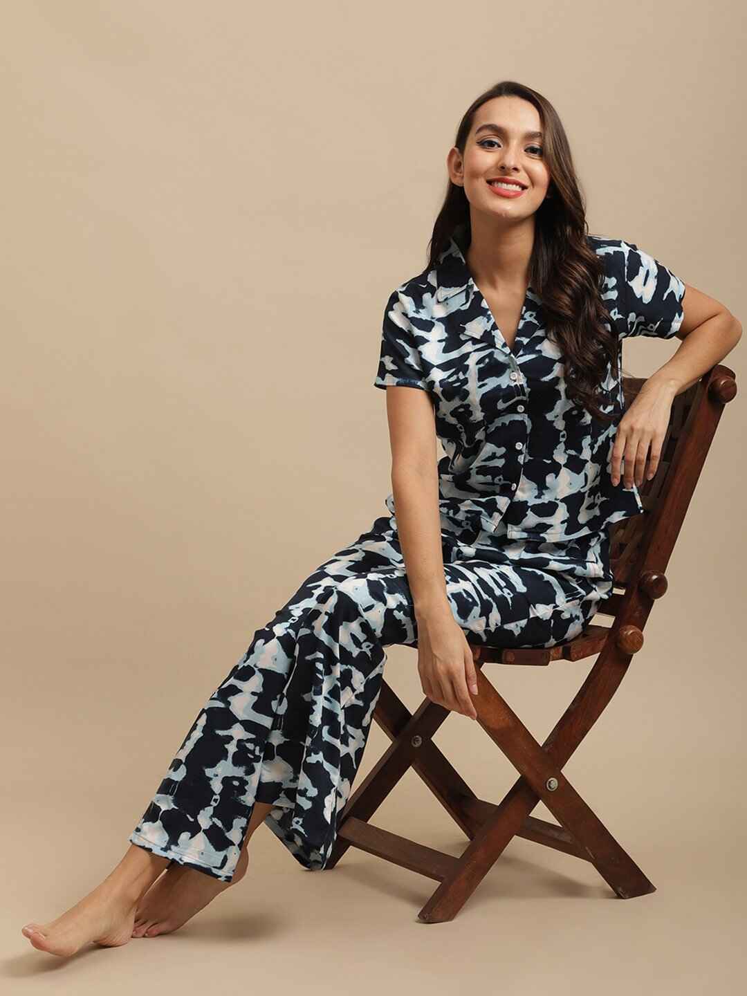 Navy Blue Tie-Dye Viscose Rayon Night Suit for Women by Claura