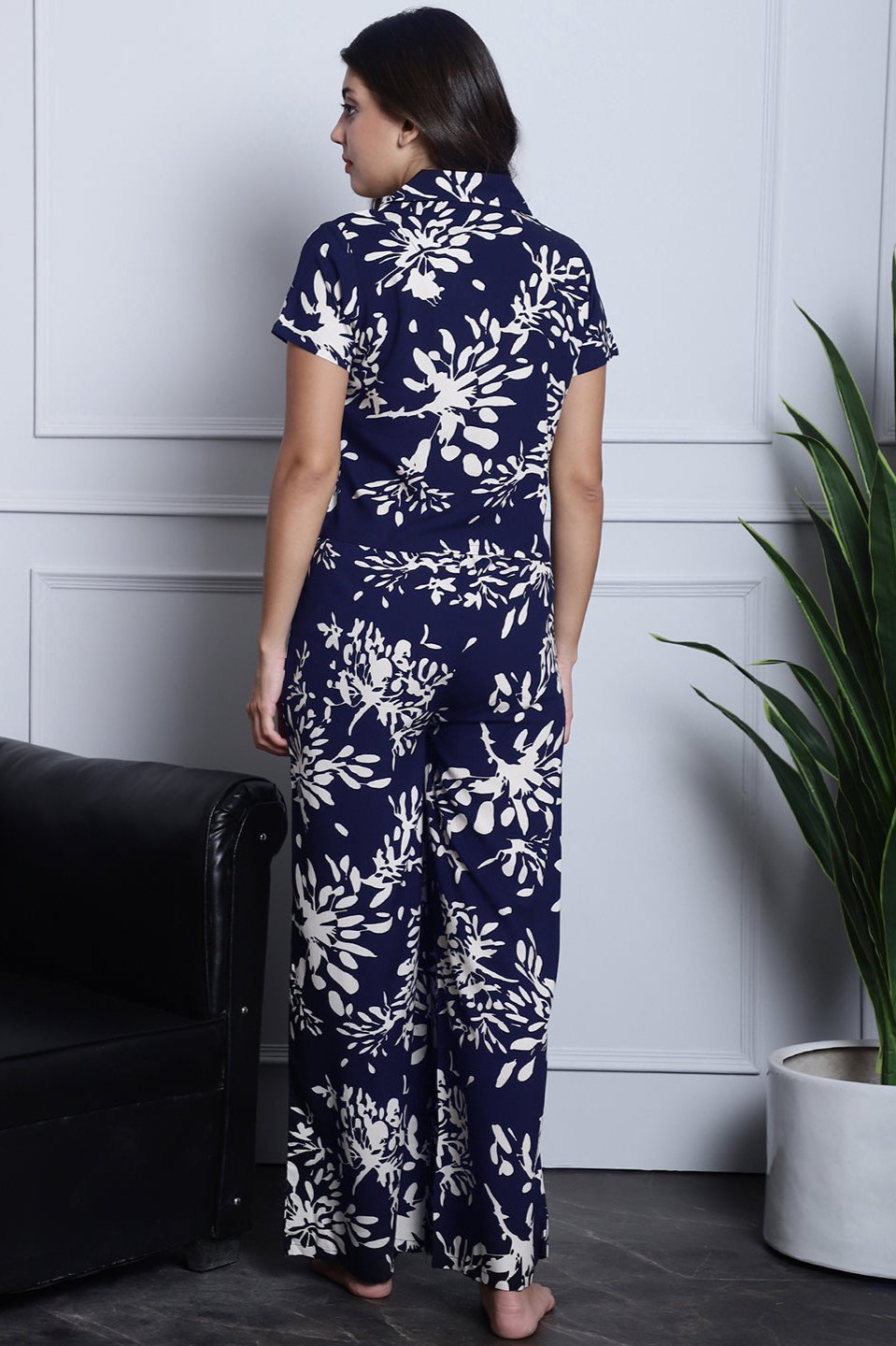 Navy Blue Floral Printed Viscose Rayon Night Suit for Women by Claura