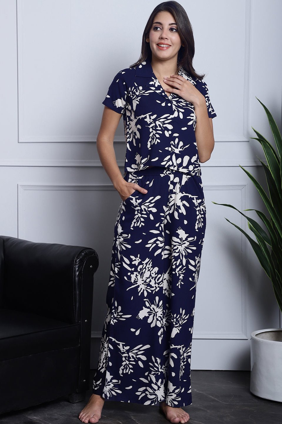 Navy Blue Floral Printed Viscose Rayon Night Suit for Women by Claura